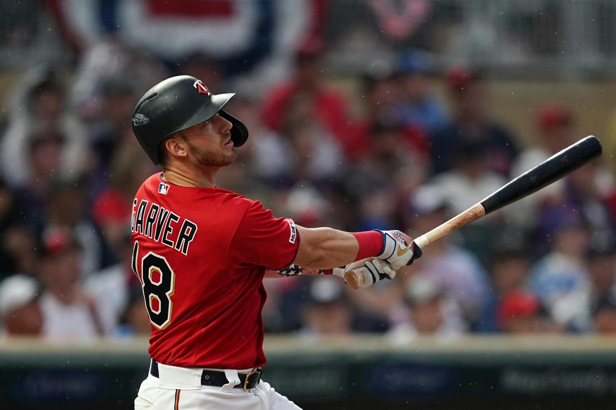 Minnesota Twins catcher Mitch Garver (18) watched after hitting a double in the second inning.