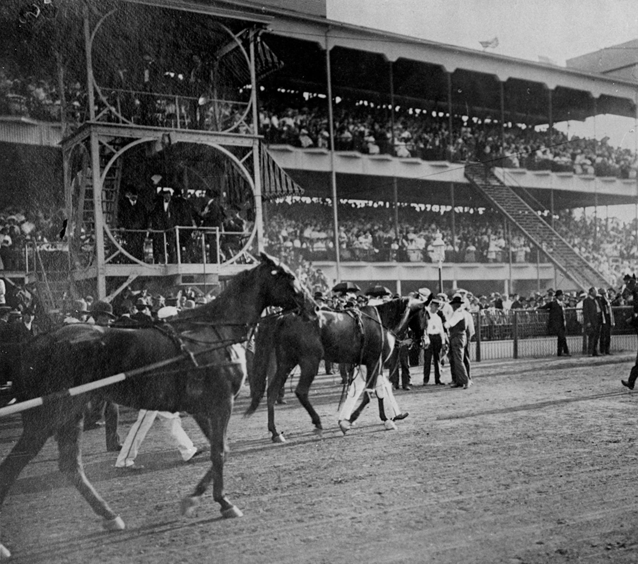 Provided by the Minnesota State Fair "Record crowd of 93000 witnessed a record broken as Dan Patch, "King of Horses" paced the mile in 1:55 at the 1906 Minnesota State Fair, he is shown (center) as he was led to the barns after the famous race. The record still stands (1961): 32 years later it was equalled, but it has never been beaten" .