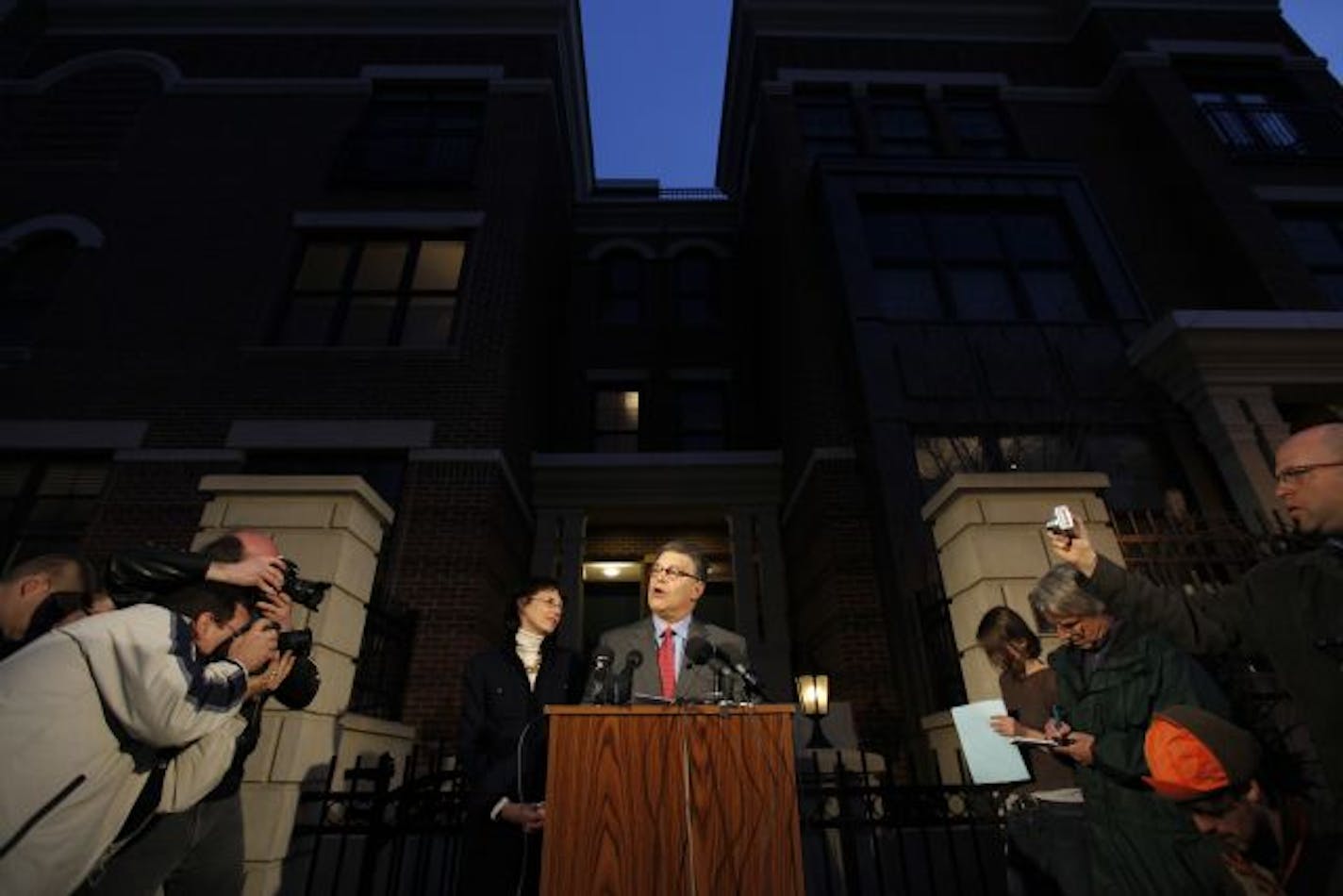 Al Franken with his wife, Frannie, addressed the media in front of his Minneapolis condo on Monday. A three-judge panel ruled in favor of Al Franken in the senate recount.