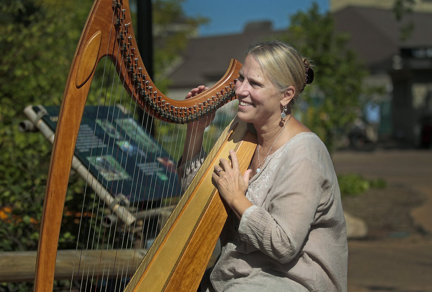 Harpist Terri Tacheny played her harp near the gorilla enclosure at the Como Zoo, Wednesday, August 27, 2014 in St. Paul, MN. ] (ELIZABETH FLORES/STAR TRIBUNE) ELIZABETH FLORES &#x2022; eflores@startribune.com