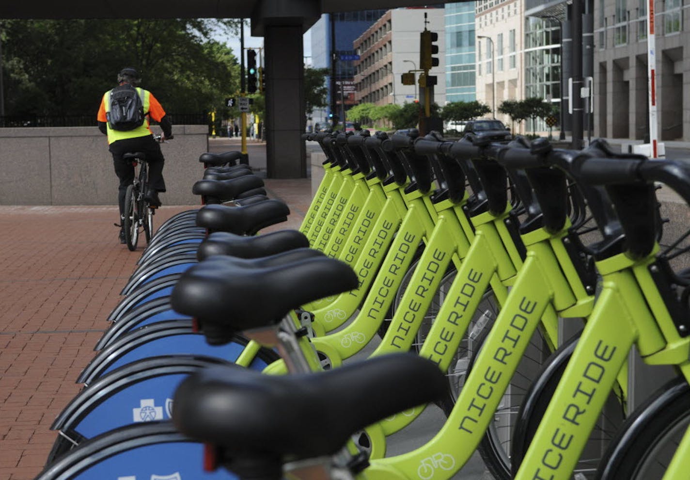 Nice Ride bikes lined up at a station in downtown Minneapolis on June 9, 2011.