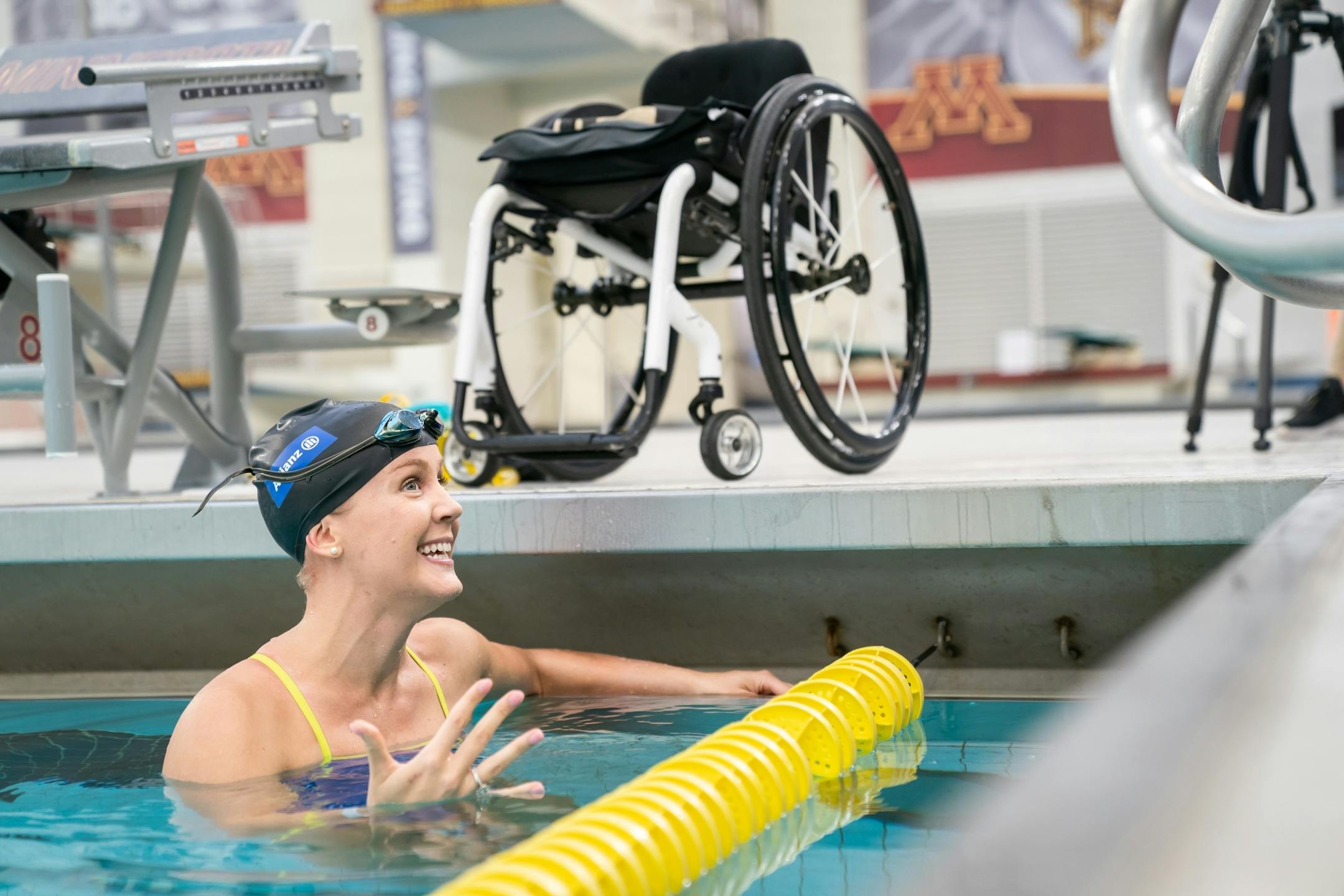 Mallory Weggemann, paralympic swimmer, gold medalist and Minnesotan, described what it means to her to be swimming back at the University of Minnesota in the upcoming U.S. Paralympic Team Trials and then how she enters the water from a starting block as a Paralympic swimmer. She then demonstrated her strokes. The United States Olympic & Paralympic Committee announced that Minneapolis area has been selected as the site of the 2020 U.S. Paralympic Team Trials for cycling, swimming and track and fi