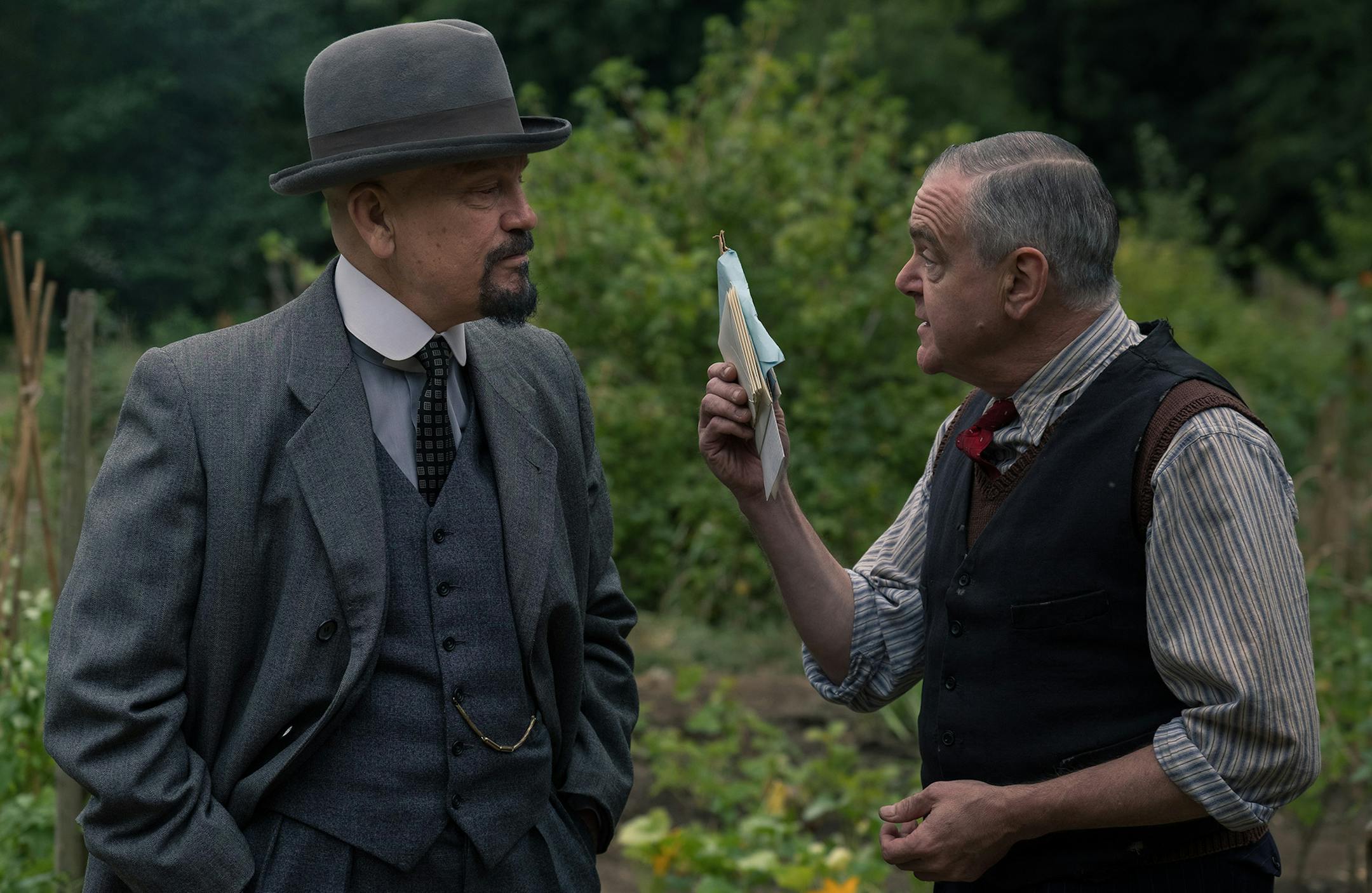 John Malkovich as Hercule Poirot and Kevin McNally as Japp in THE ABC MURDERS (Episode 1).
credit: Ben Blackhall, Mammoth Screen / Agatha Christie Ltd.