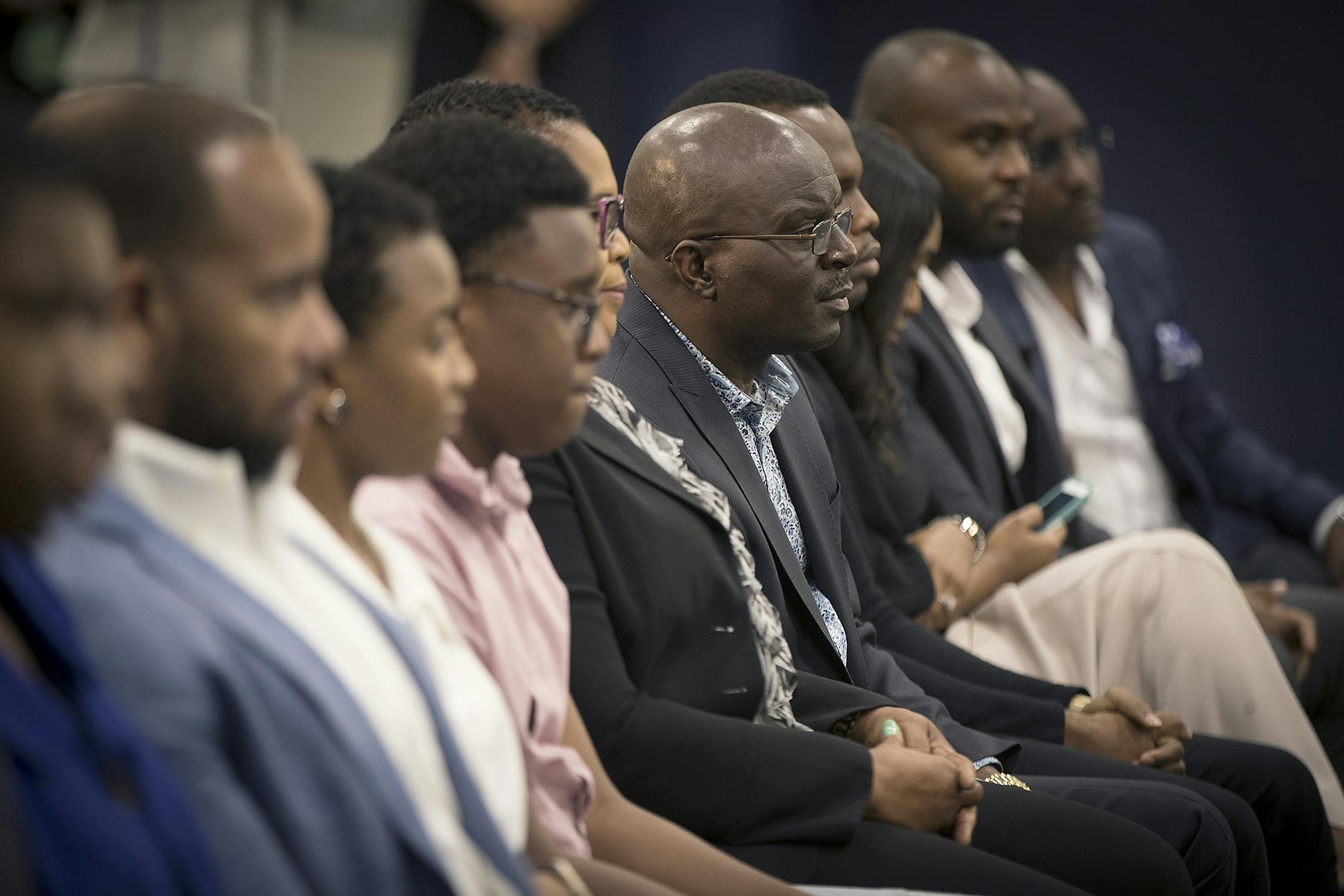The families of Minnesota Timberwolves 2018 Draft Picks Josh Okogie and Keita Bates-Diop sat front and center as the players addressed the media during a press conference, Tuesday, June 26, 2018 at the Mayo Clinic Square in Minneapolis, MN.