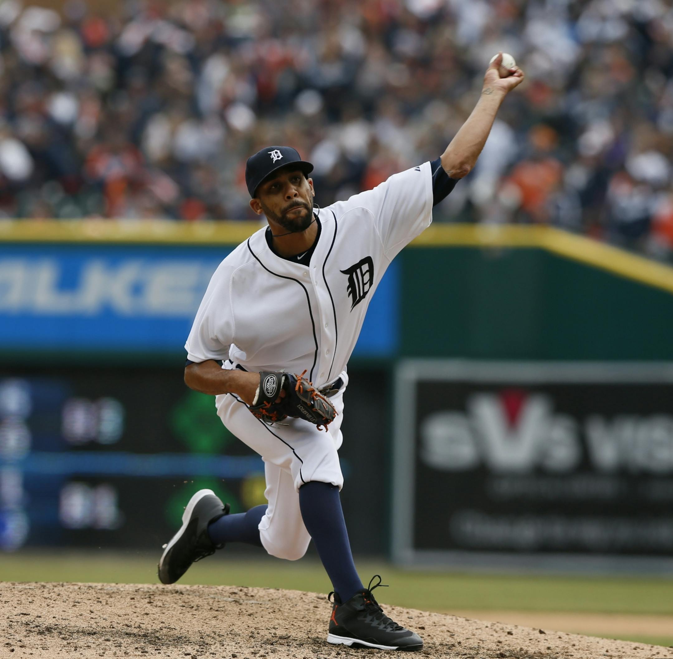 Detroit Tigers' David Price pitches during the ninth inning on Monday, April 6, 2015, at Comerica Park in Detroit.