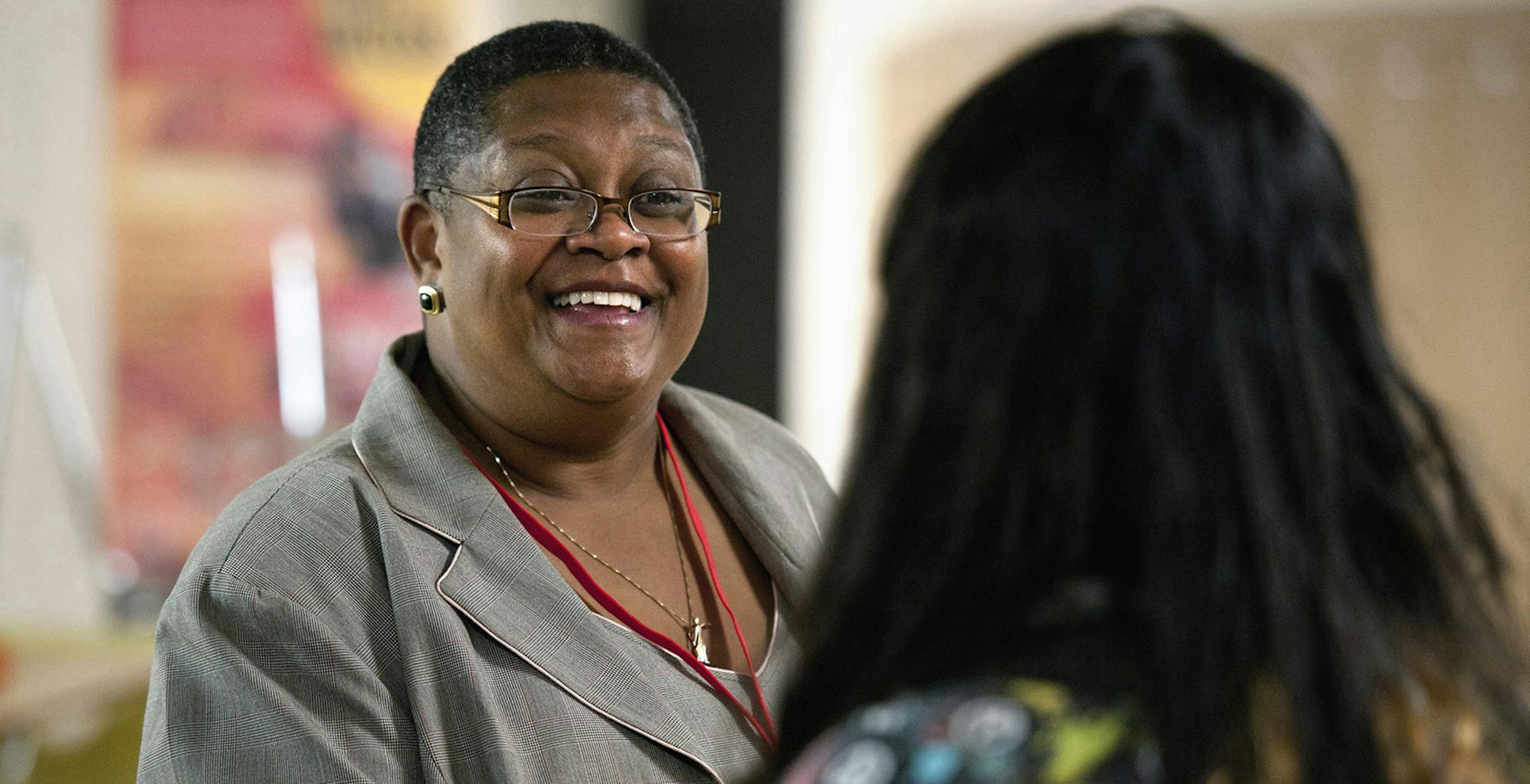 Minneapolis School Superintendent Bernadeia Johnson stopped for a visit to Minneapolis South High School on the first day of classes and greeted a new student who was finding her way around the school. ] GLEN STUBBE * gstubbe@startribune.com ORG XMIT: MIN2012082817591354 ORG XMIT: MIN1308211150405115