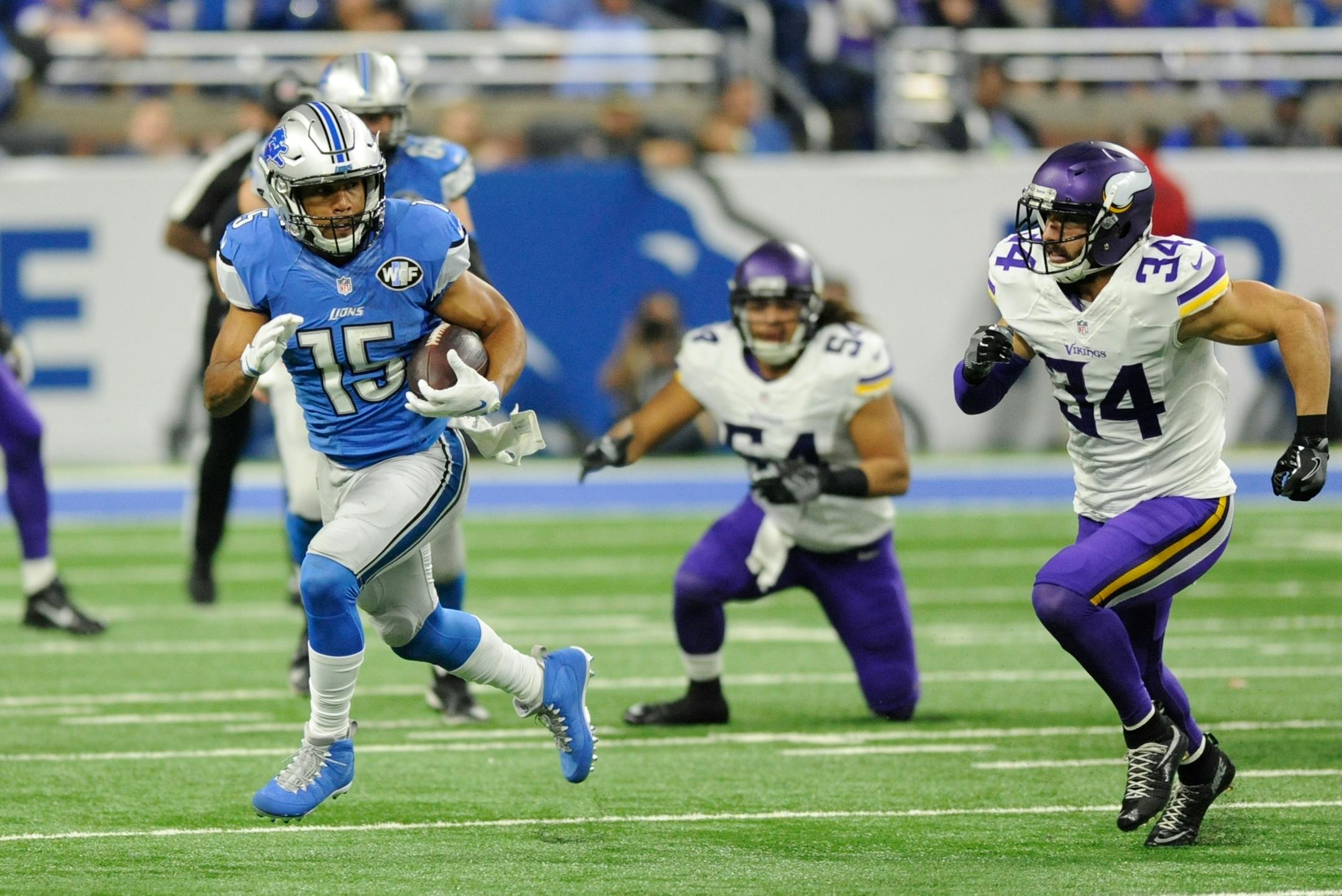 Safety Andrew Sendejo (34) and the rest of the Vikings secondary won't have to worry about covering Golden Tate (15) on Sunday. The wide receiver was traded to the Eagles for a third-round draft pick before Tuesday's trade deadline.