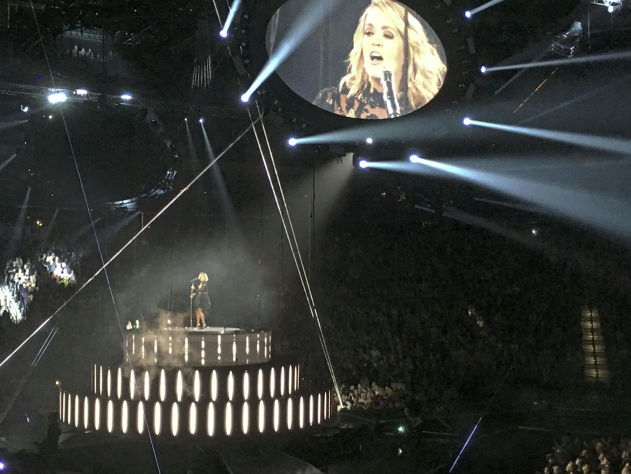 Carrie Underwood brought a power-rock vibe to the Xcel on Monday night, with in-the-round staging and a sound as ambitious as any rock star.