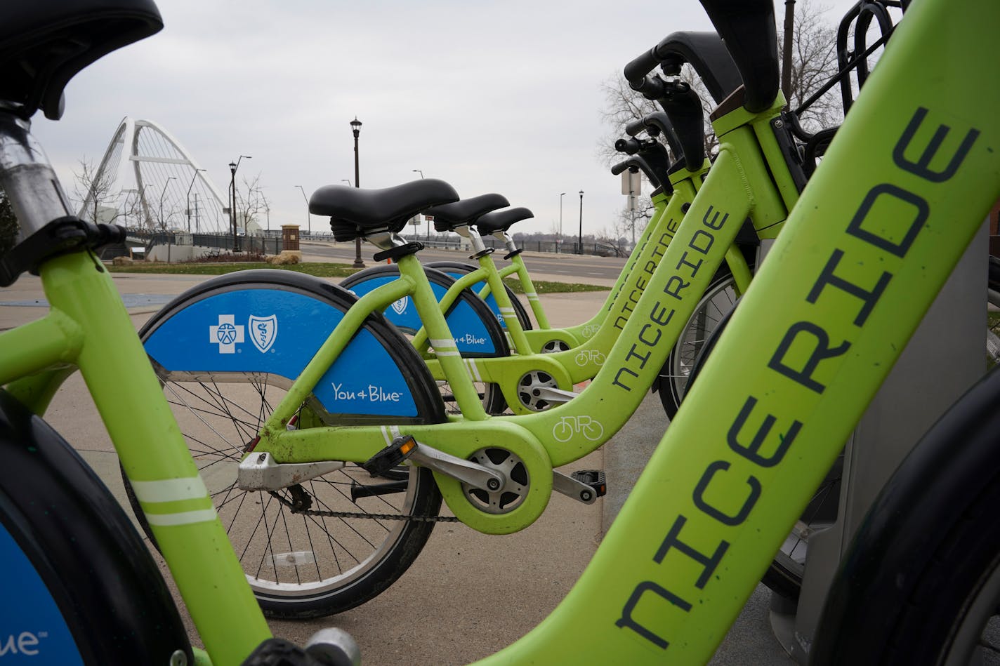 A rack of Nice Ride bikes at Marshall St. NE and Lowry Ave. NE Monday afternoon. ] JEFF WHEELER • Jeff.Wheeler@startribune.com