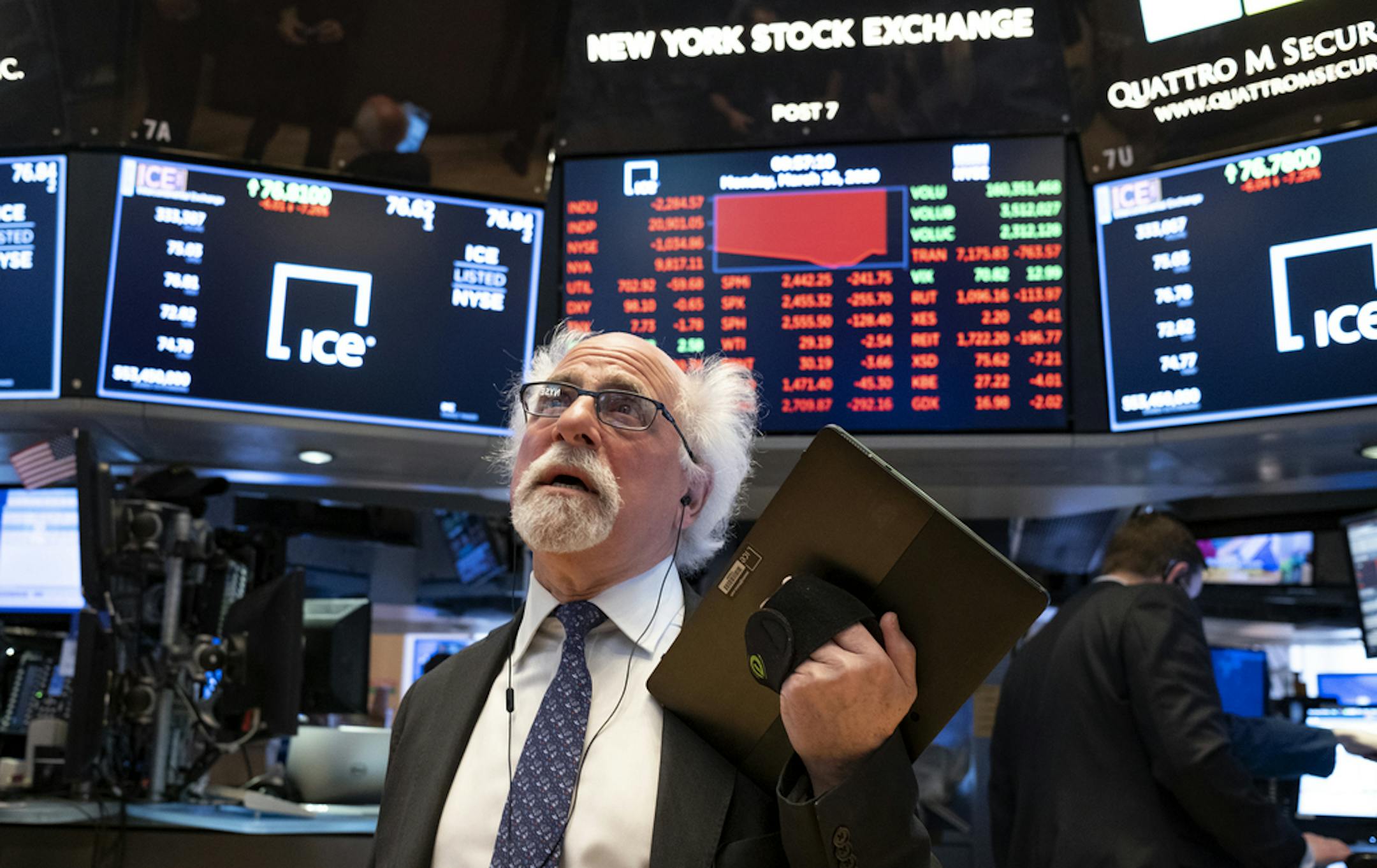 FILE - In this March 16, 2020 file photo, trader Peter Tuchman works on the floor of the New York Stock Exchange. Wall Street’s plunge into a bear market after a nearly 11-year bull market has been fast and severe, erasing nearly all the S&P 500’s gains since Donald Trump's inauguration. The economic disruptions from the coronavirus pandemic and a steep drop in oil prices have many economists forecasting a global recession as early as next month. (AP Photo/Craig Ruttle, File)