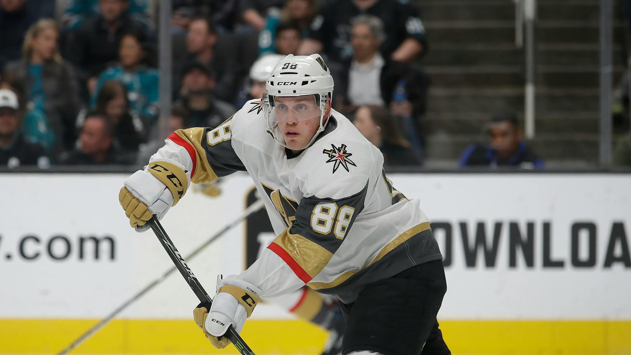 Vegas Golden Knights defenseman Nate Schmidt (88) against the San Jose Sharks during an NHL hockey game in San Jose, Calif., Monday, March 18, 2019. (AP Photo/Jeff Chiu)
