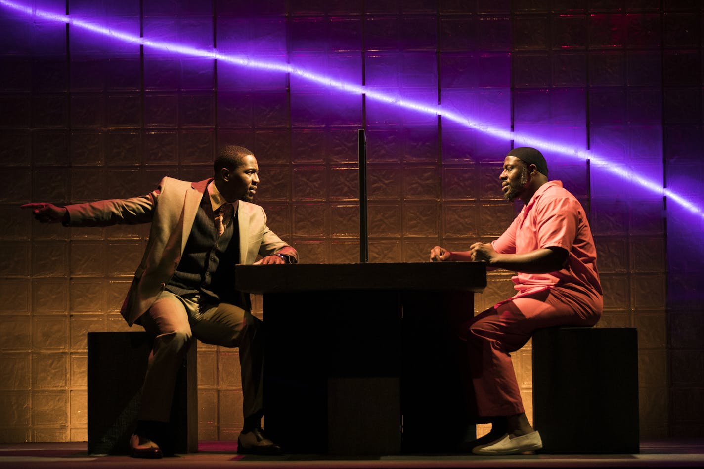 Ansa Akyea, right, as "Bilal" and Darius Dotch as "Eric" rehearse the play "Bars and Measures."