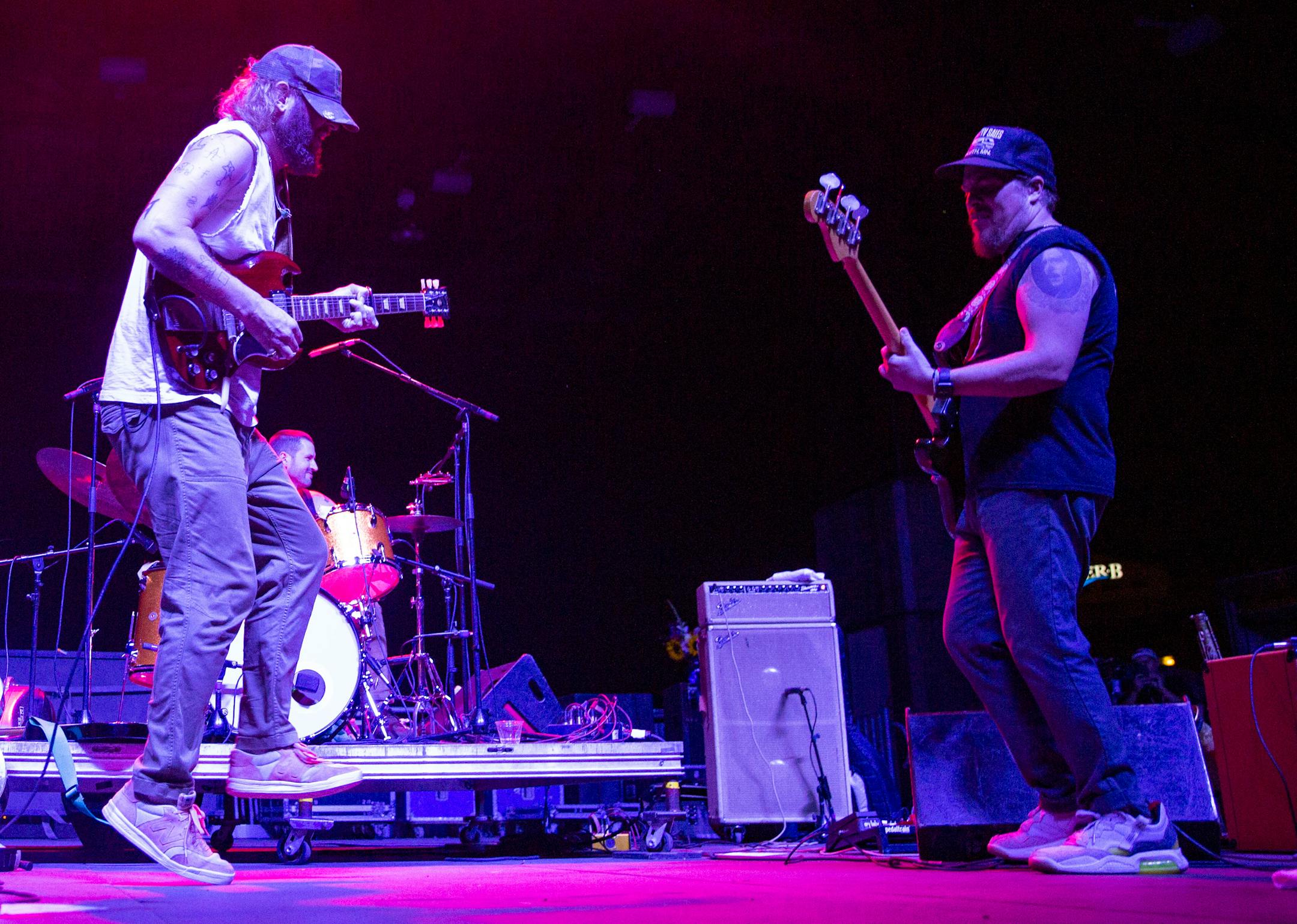 Bon Iver member Justin Vernon, left, performed in the Water is Life Festival at Bayfront Festival Park in Duluth on Wednesday.