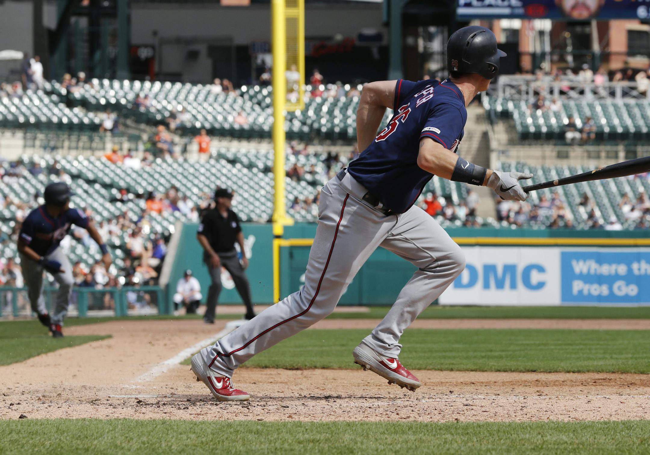 Minnesota Twins' Max Kepler watches his two-run single to left center during the eighth inning of a baseball game against the Detroit Tigers, Monday, Sept. 2, 2019, in Detroit. (AP Photo/Carlos Osorio)
