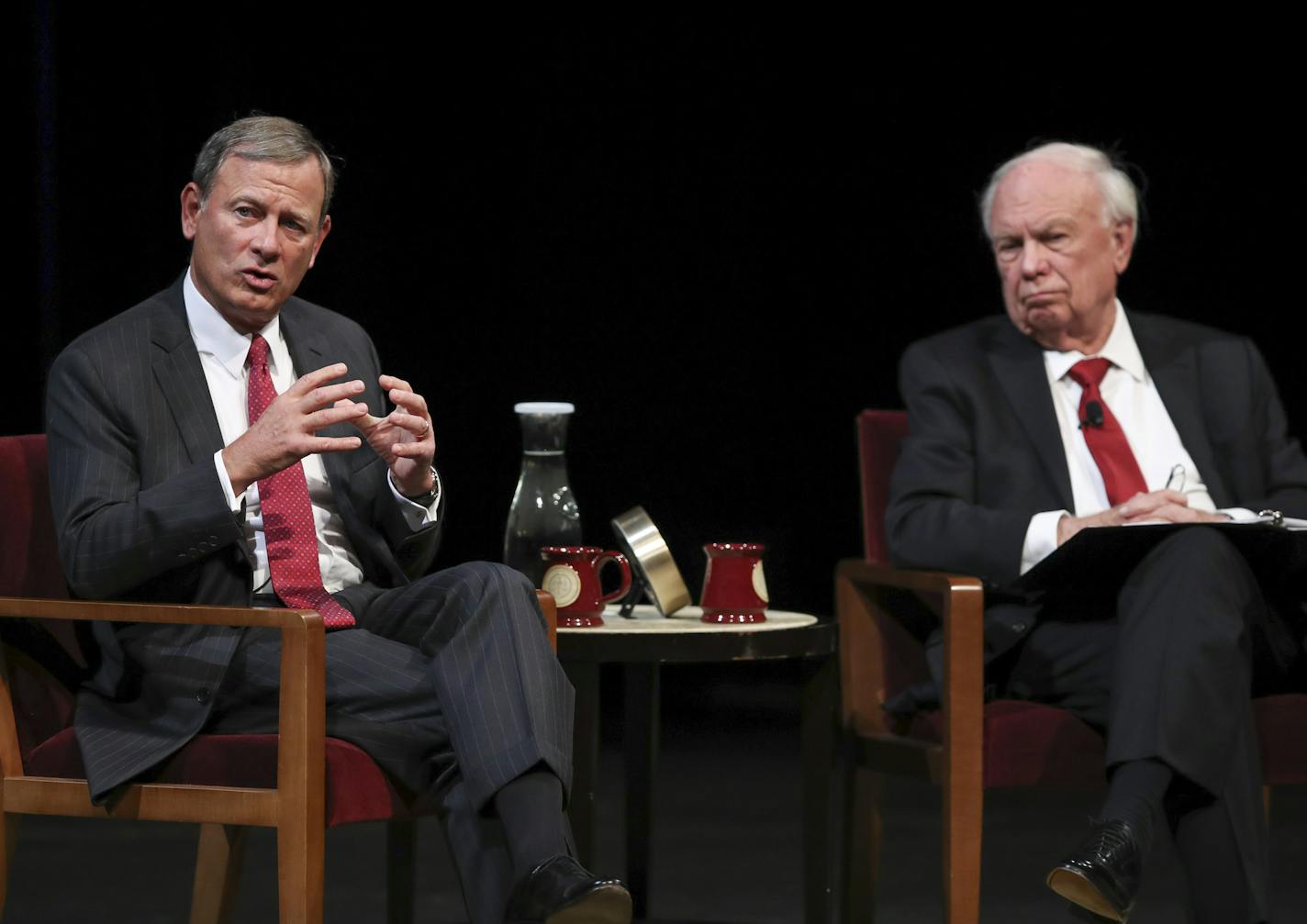 U.S. Supreme Court Chief Justice John Roberts, Jr., left, answered a student's question following his conversation with Professor Robert A. Stein Tuesday afternoon. ] JEFF WHEELER &#xef; jeff.wheeler@startribune.com For the University of Minnesota Law School's 2018 Stein Lecture, U.S. Supreme Court Chief Justice John Roberts, Jr. took part in a conversation with Professor Robert A. Stein Tuesday afternoon, October 16, 2018 at Northrop Auditorium.