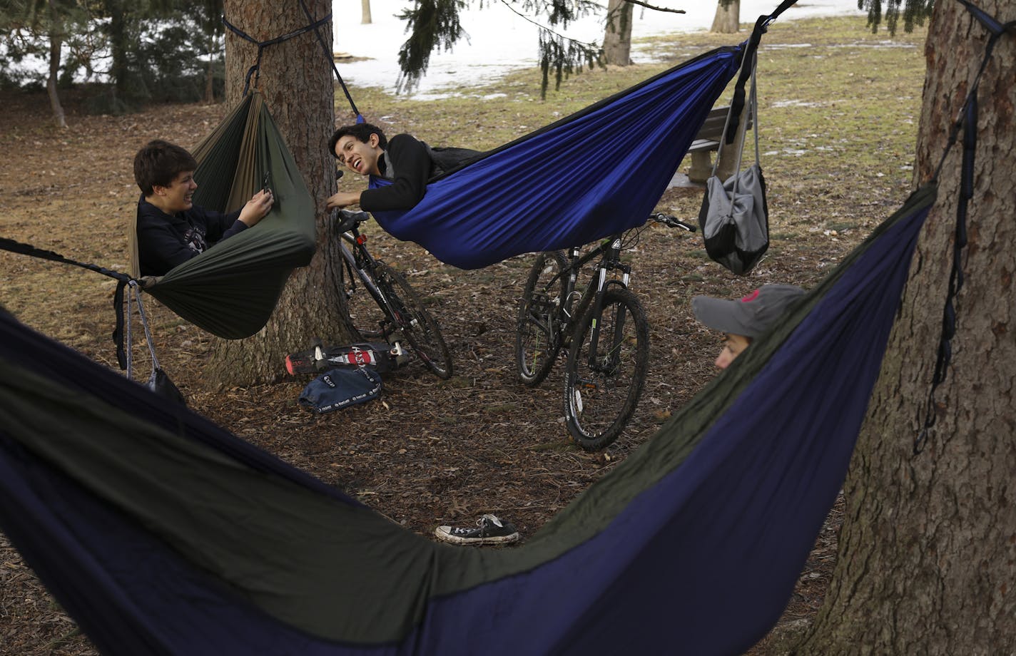 Todd Baumann showed something amazing on his phone to Mose Damman, left, while they hung out in their hammocks and listened to music with their friend, Gus Demars, foreground, in the Rose Garden Sunday afternoon. It was their first time mocking this season. "Thanks global warming," smirked Damman. ] JEFF WHEELER &#xef; jeff.wheeler@startribune.com Unseasonable warm weather led people to enjoy being outdoors on the Sunday afternoon, February 19, 2017. Teens flocked to mock in the Rose Garden in M