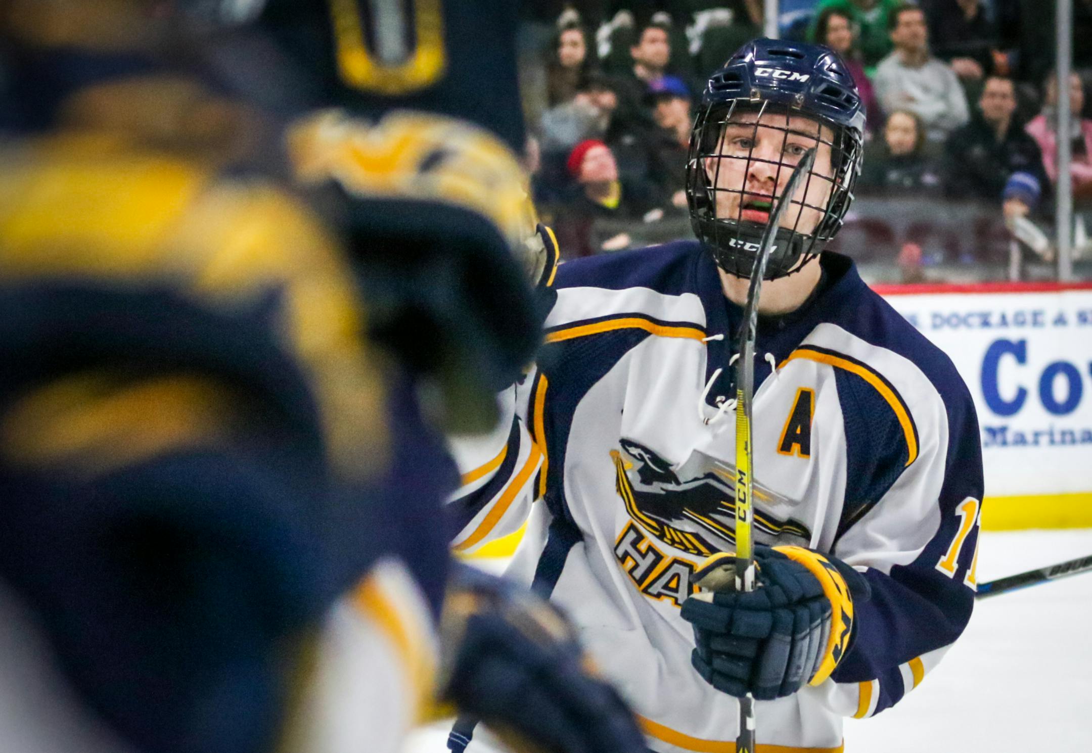 Hermantown's Ryan Sandelin skates to the bench after scoring a goal in the second period. Hermantown beat St. Cloud Cathedral 6-5 in overtime. Photo By: Matt Weber
] MATT WEBER &#xef;