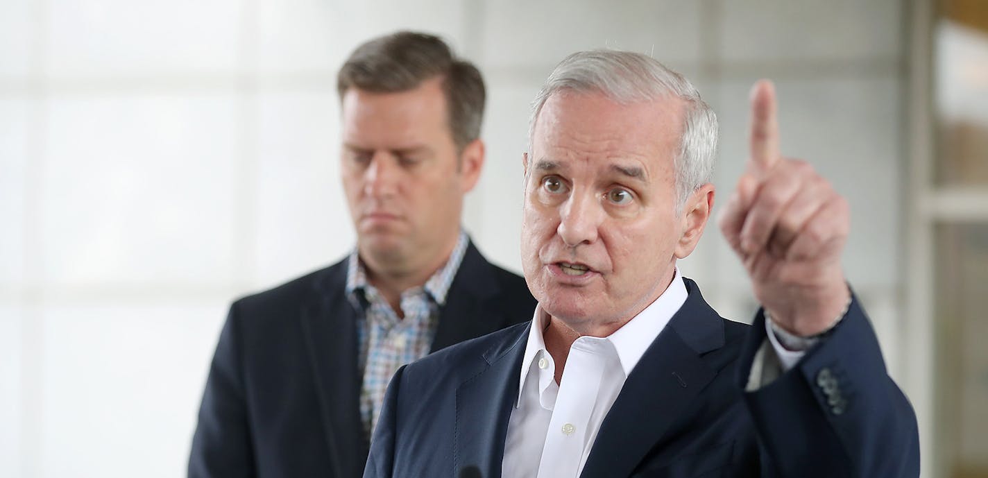 Governor Mark Dayton addressed the media along with Speaker of the House Kurt Daudt after discussing a possible special session at theVeterans building at the Capitol campus , Friday, August 12, 2016 in St. Paul, MN. ] (ELIZABETH FLORES/STAR TRIBUNE) ELIZABETH FLORES &#x2022; eflores@startribune.com ORG XMIT: MIN1608121558290383