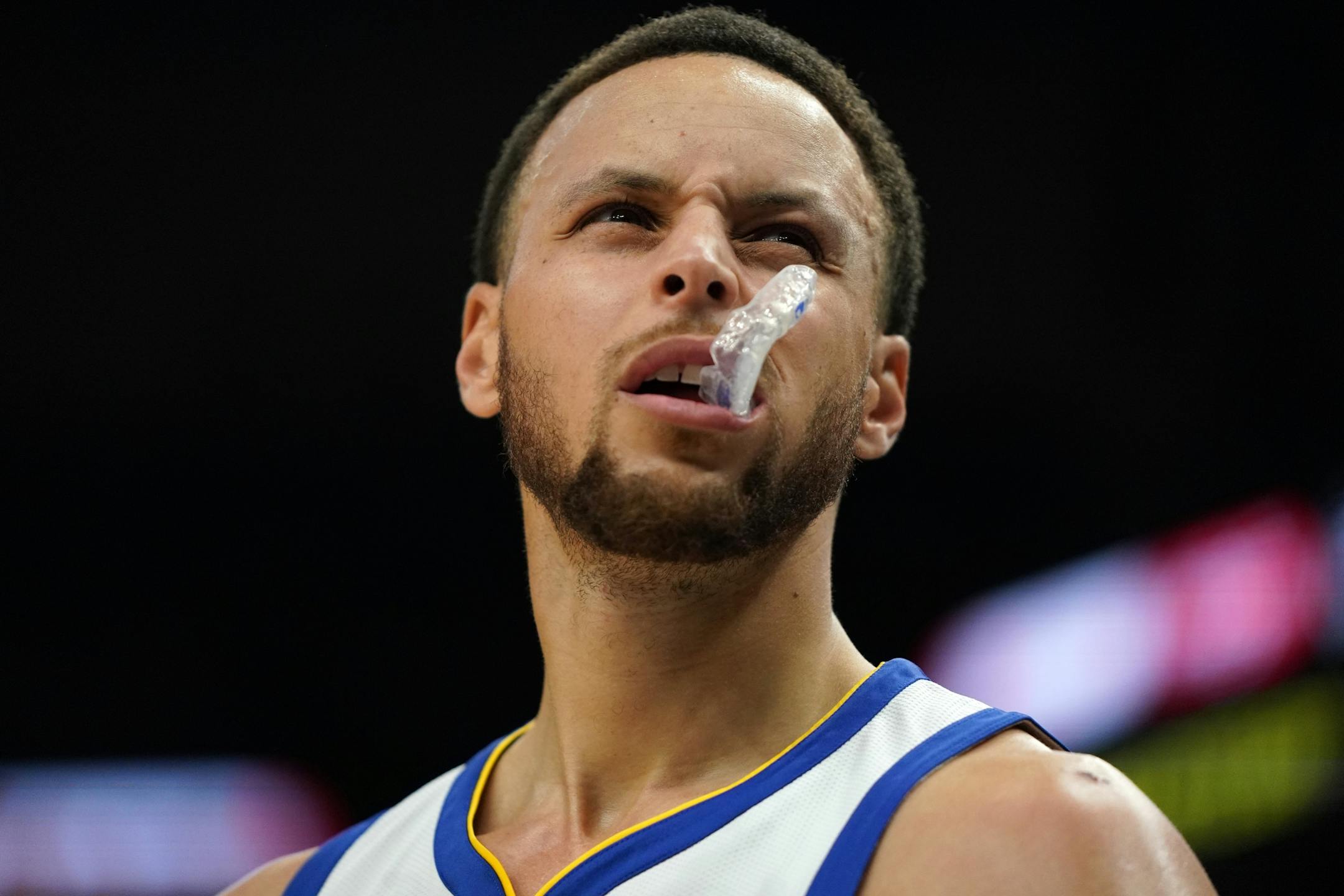 Golden State Warriors guard Stephen Curry (30) watched a replay in the second half.