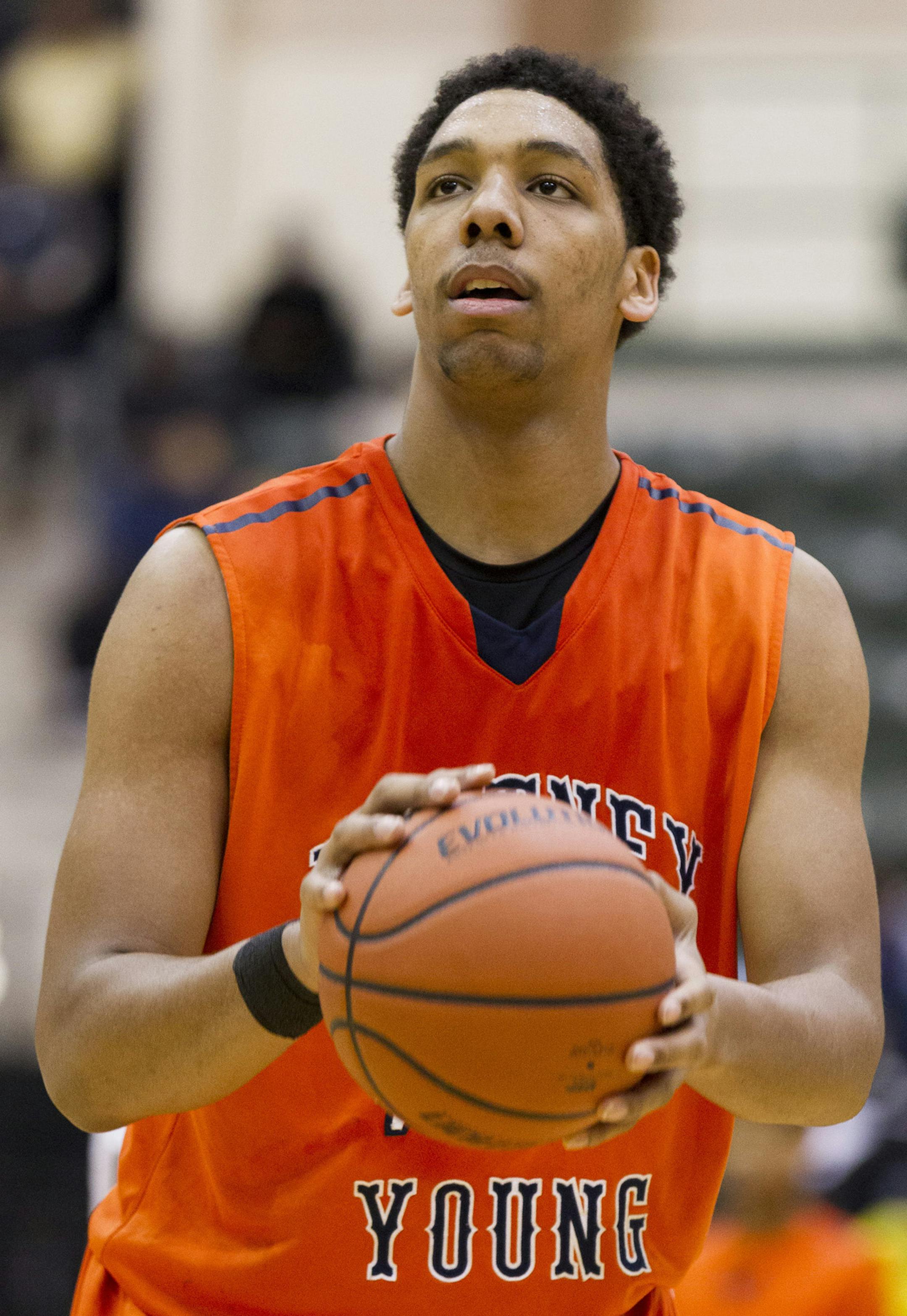 Whitney Young Dolphins center Jahlil Okafor, seen here during a CPS quarterfinal game against the Foreman Hornets at the Emil Jones Convocation Center, Chicago, Illinois. (AP Photo/Damen Jackson via Triple Play New Media) ORG XMIT: NYWWP