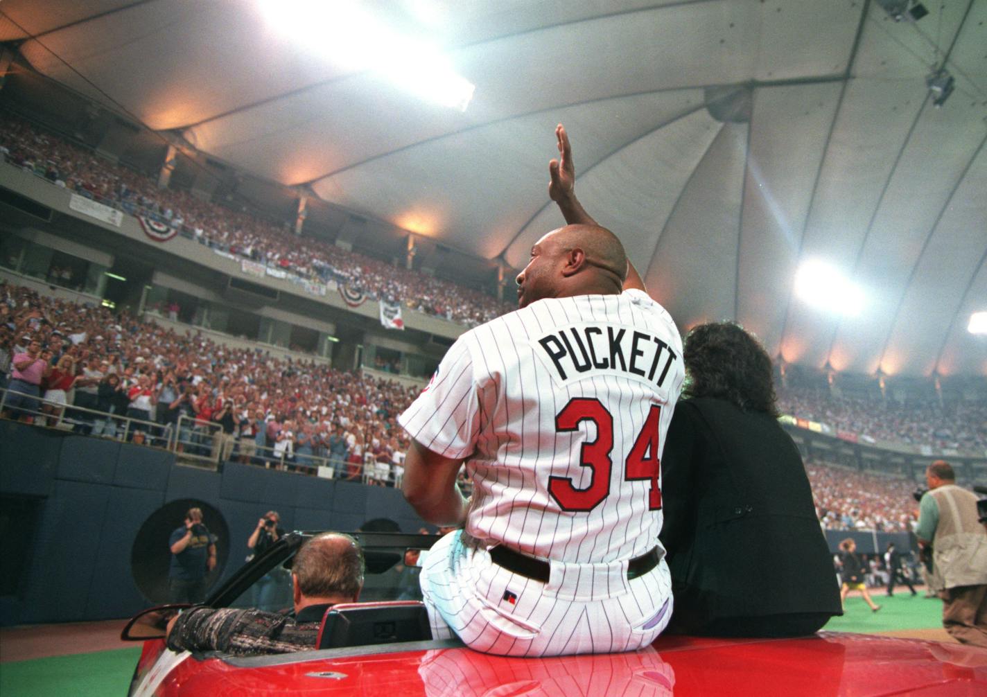 The Twins are paying tribute to Kirby Puckett with outside-the-Dome activities; and several events before the game Saturday night inside the dome. The program is set to start at 7 p.m. _ the game at 8 p.m. Puckett's storied career ended July 12 when he announced his retirement because a damaged retina left him blind in his right eye. They Twins will NOT be retiring his number on this night, but will pay tribute to the man who easily is the most popular Twin of all. Kirby Puckett and his wife Tonya (SP?) take a final trip around the field in a red convertible, waving goodbye to the fans.