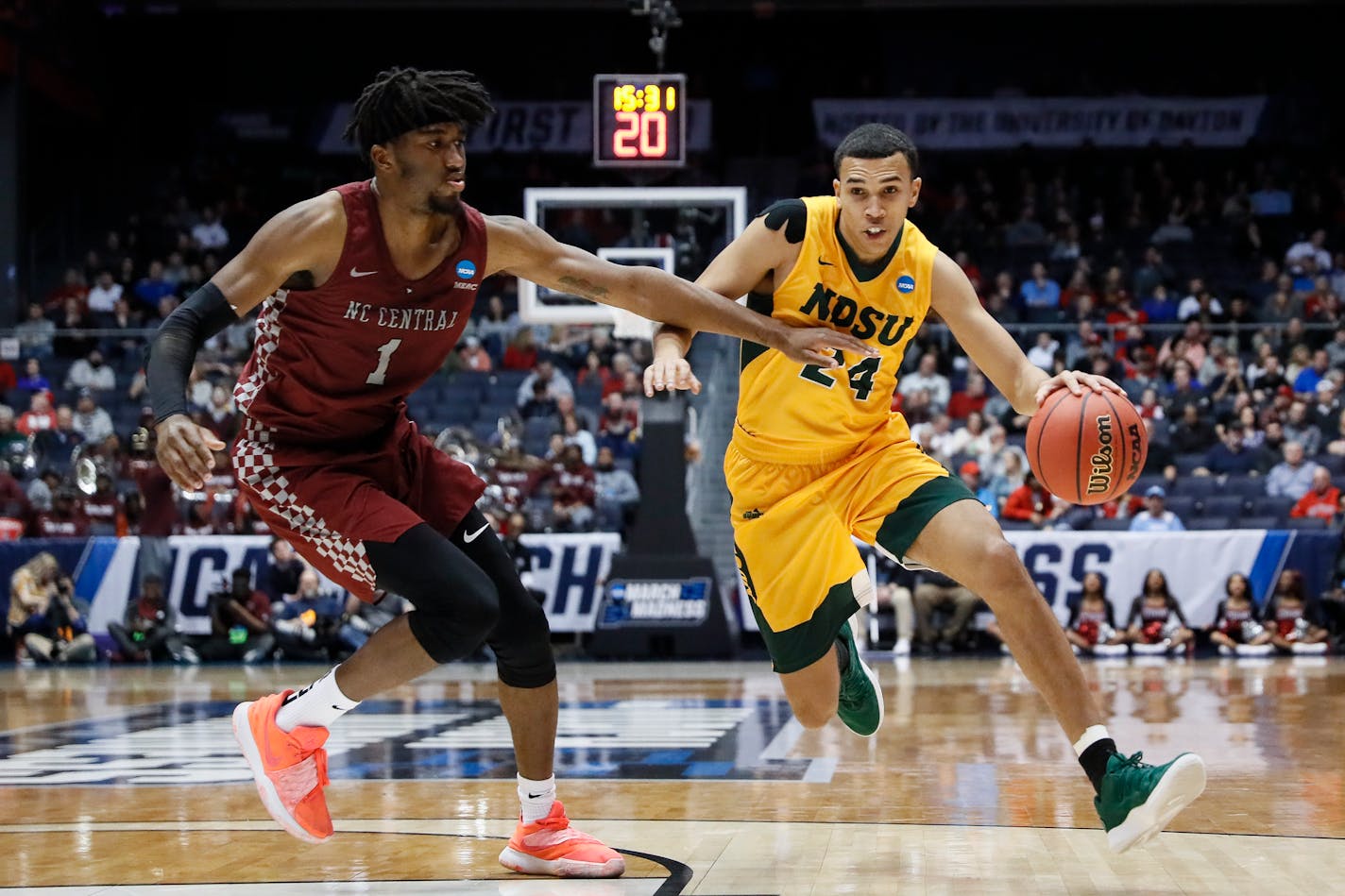 North Dakota State's Tyson Ward drives against North Carolina Central's Zacarry Douglas during the second half Wednesday.