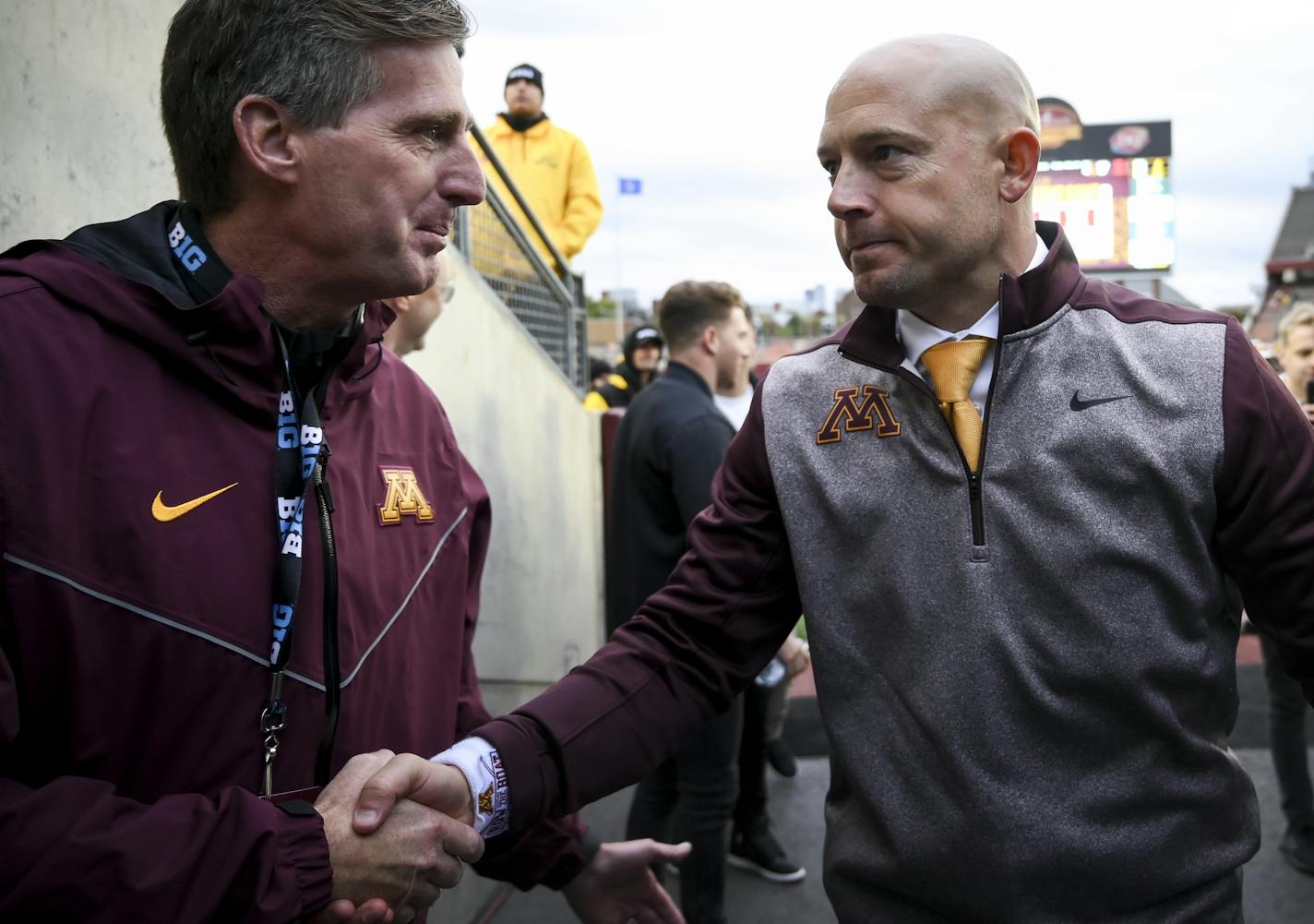 Gophers head coach P.J. Fleck shook hands with University of Minnesota Athletic Director Mark Coyle following his team's 40-17 win against Illinois, bringing the Gophers' 2019 team record to 5-0. ] Aaron Lavinsky &#x2022; aaron.lavinsky@startribune.com The Gophers played the Illinois Fighting Illini on Saturday, Oct. 5, 2019 at TCF Bank Stadium in Minneapolis, Minn. ORG XMIT: MIN1910051832504662