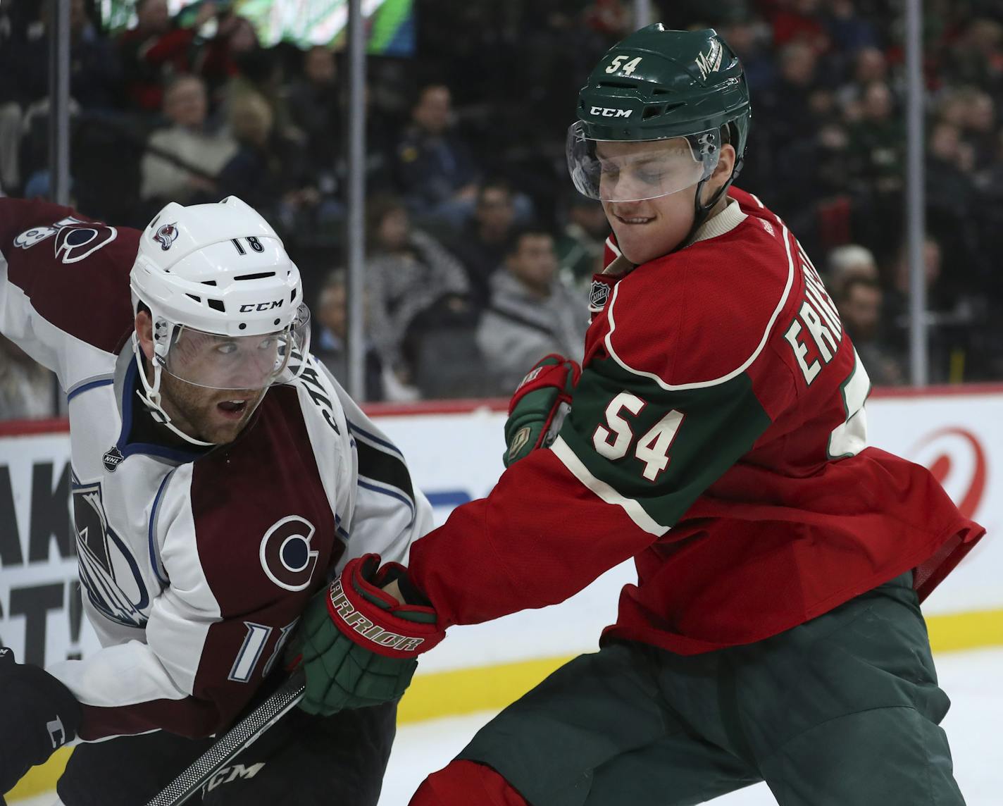 The Wild's Joel Eriksson Ek pestered Colorado Avalanche defenseman Ryan Stanton (18) in the corner in the second period Tuesday night. ] JEFF WHEELER &#xef; jeff.wheeler@startribune.com The Minnesota Wild played their first preseason game of the year against the Colorado Avalanche Tuesday night, September 27, 2016 at Xcel Energy Center in St. Paul.