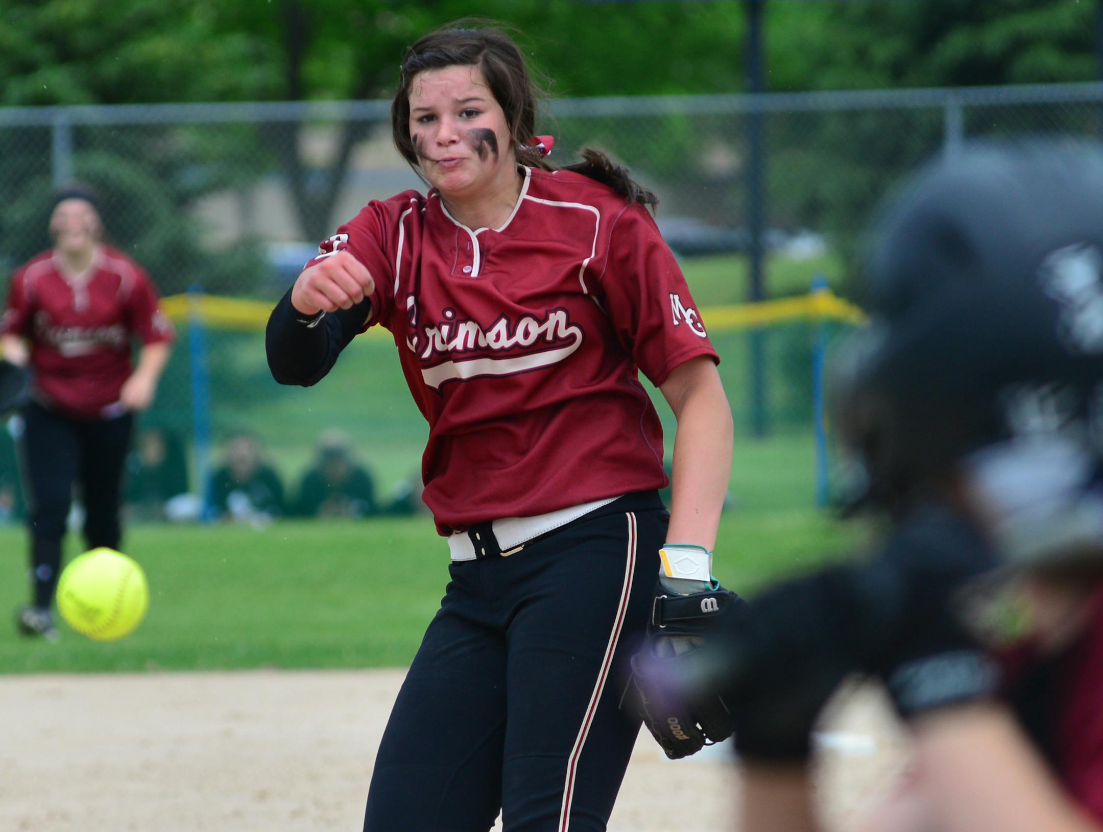 Maple Grove's no 12 Sydney Smith pitched in the game against New Prague and won 6 to 0.] Class 3A softball state tournament at Caswell Park in North Mankato Richard.Sennott@startribune.com Richard Sennott/Star Tribune Mankato Minn. Thursday 6/06/2014) ** (cq) ORG XMIT: MIN1406051544151141