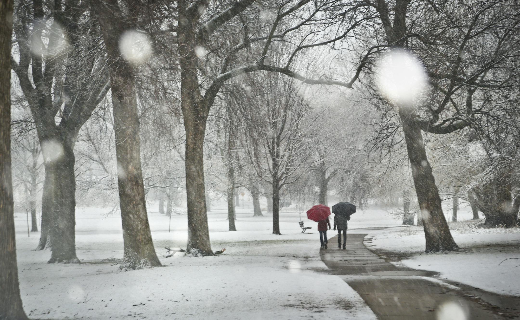 Laura and John Reinhardt walked with umbrellas in the snow around Lake Nokomis in Minneapolis, Minn., on Monday, April 22, 2013. ] (RENEE JONES SCHNEIDER * reneejones@startribune.com)