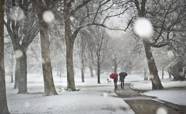 Laura and John Reinhardt walked with umbrellas in the snow around Lake Nokomis in Minneapolis, Minn., on Monday, April 22, 2013. ] (RENEE JONES SCHNEI