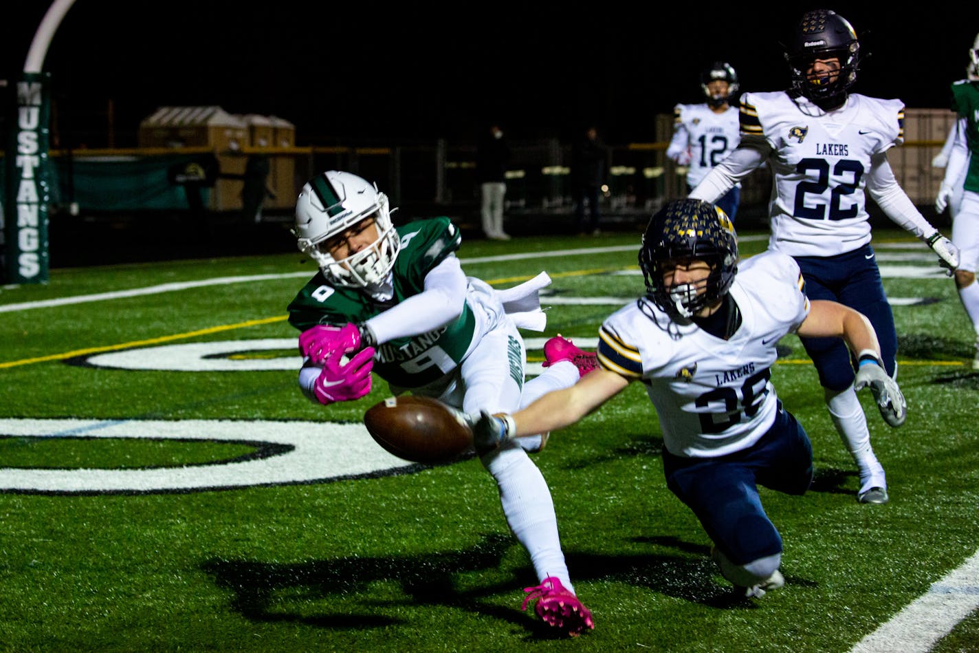 Prior Lake's Brody Fumanti (28) batted away a pass to Mounds View's Tyler Nystrom in the end zone during the first half Friday.of a a Mounds View game against Prior Lake in the first round of Class 6A playoffs at Mounds View High School Friday, Oct. 27, 2023. Nicole Neri, Freelance