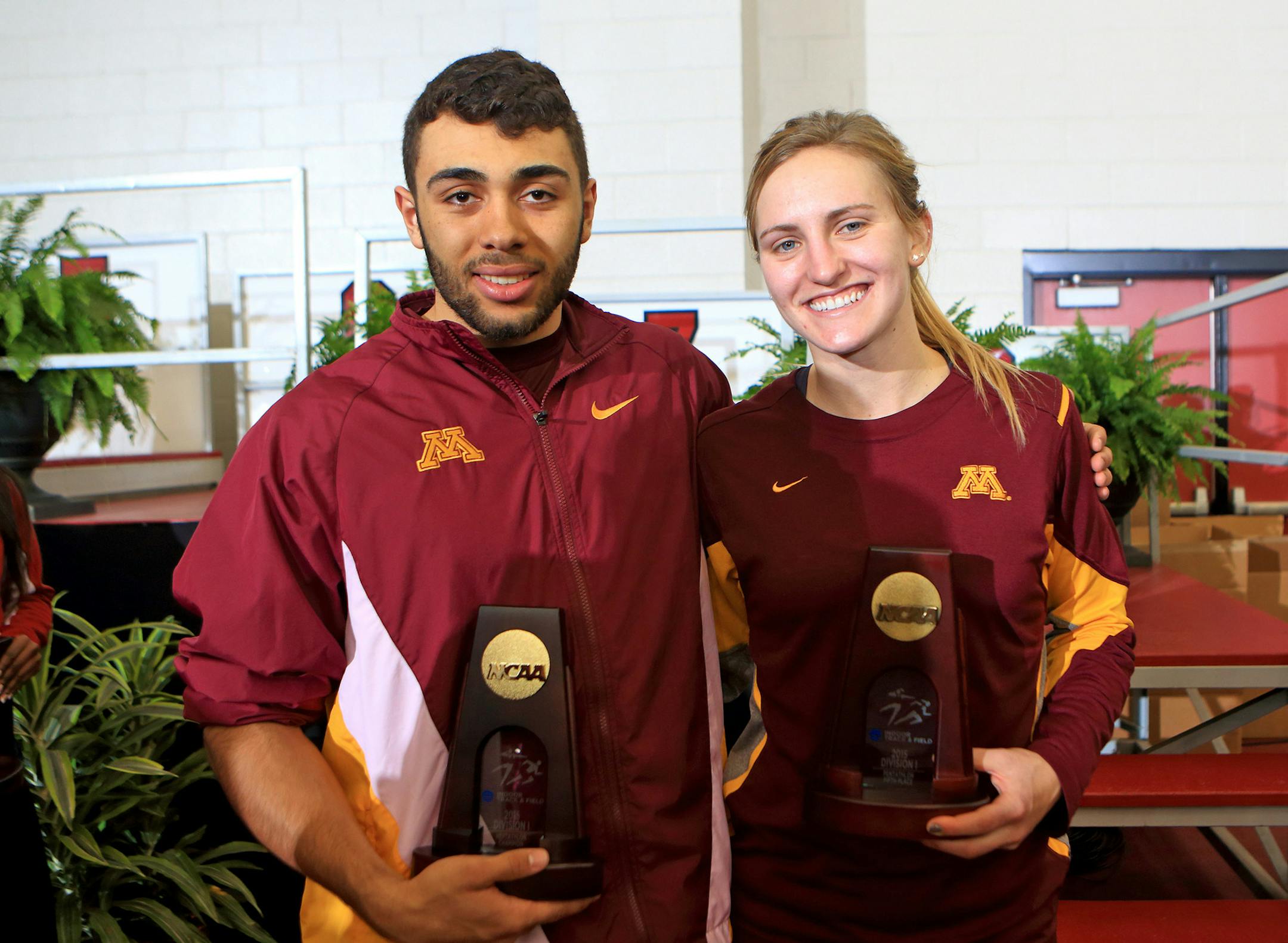 Luca Wieland, left, and Jess Herauf. Wieland is the Big Ten decathlon champion and Herauf is the Big Ten heptathlon champion in 2015. They are the subject of a Patrick Reusse column. Photo courtesy University of Minnesota athletic department.