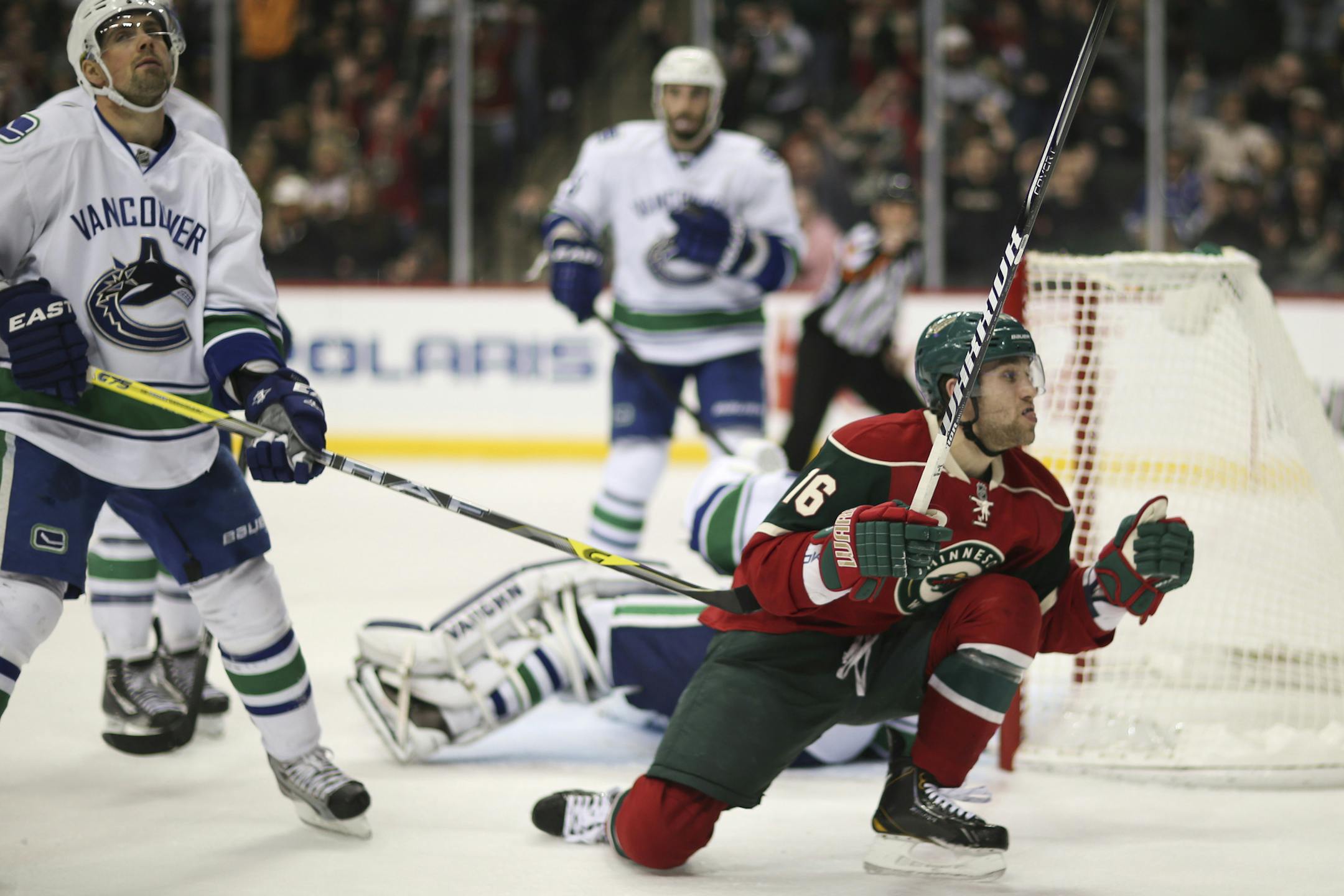 Jason Zucker made a big splash with the Wild when he scored on Vancouver Canucks goalie Cory Schneider on March 10. He has been recalled from AHL Houston, where he leads the team in scoring.