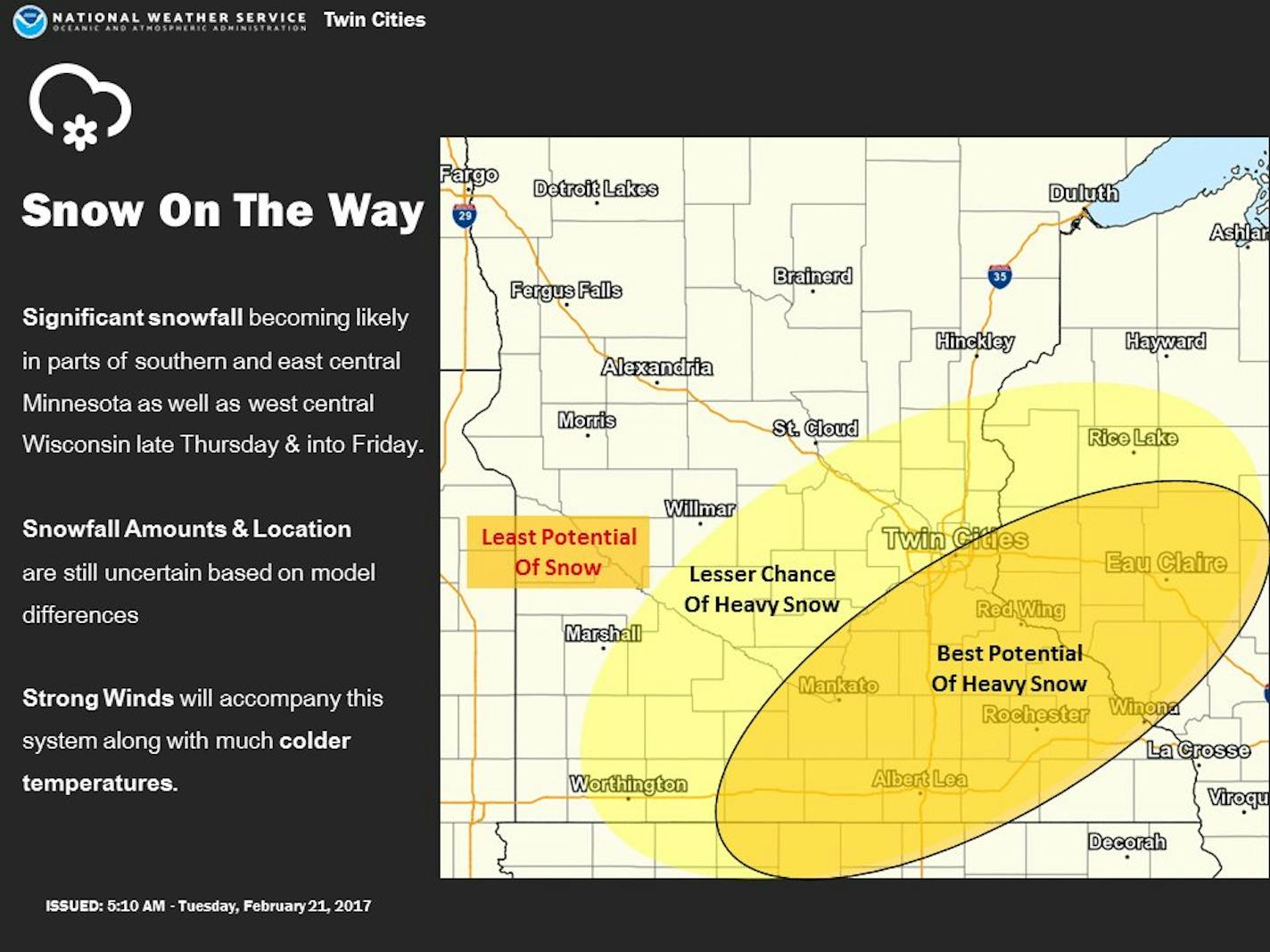 The National Weather Service prepared this graphic, showing where the heaviest snow is expected.