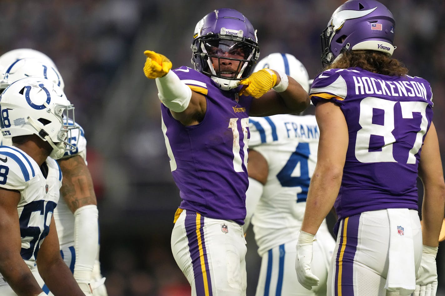 Minnesota Vikings wide receiver Justin Jefferson (18) gains yards in the fourth quarter of an NFL game between the Minnesota Vikings and the Indianapolis Colts Saturday, Dec. 17, 2022 at U.S. Bank Stadium in Minneapolis. ] ANTHONY SOUFFLE • anthony.souffle@startribune.com ORG XMIT: MIN2212171716260173