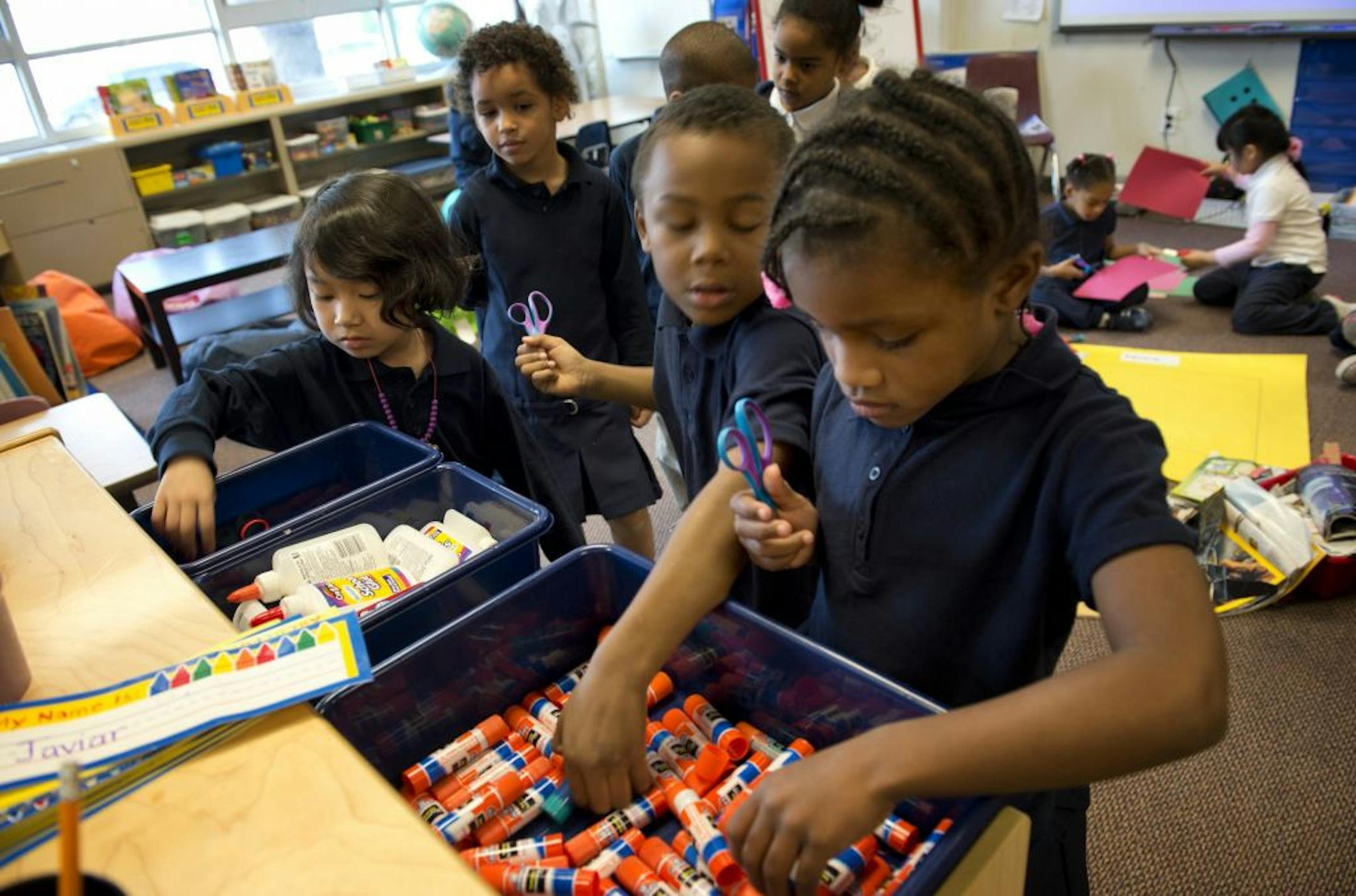 Students in Jenelle Krech's all-day kindergarten class at Maxfield Magnet School in St. Paul prepared for a lesson on shapes.
