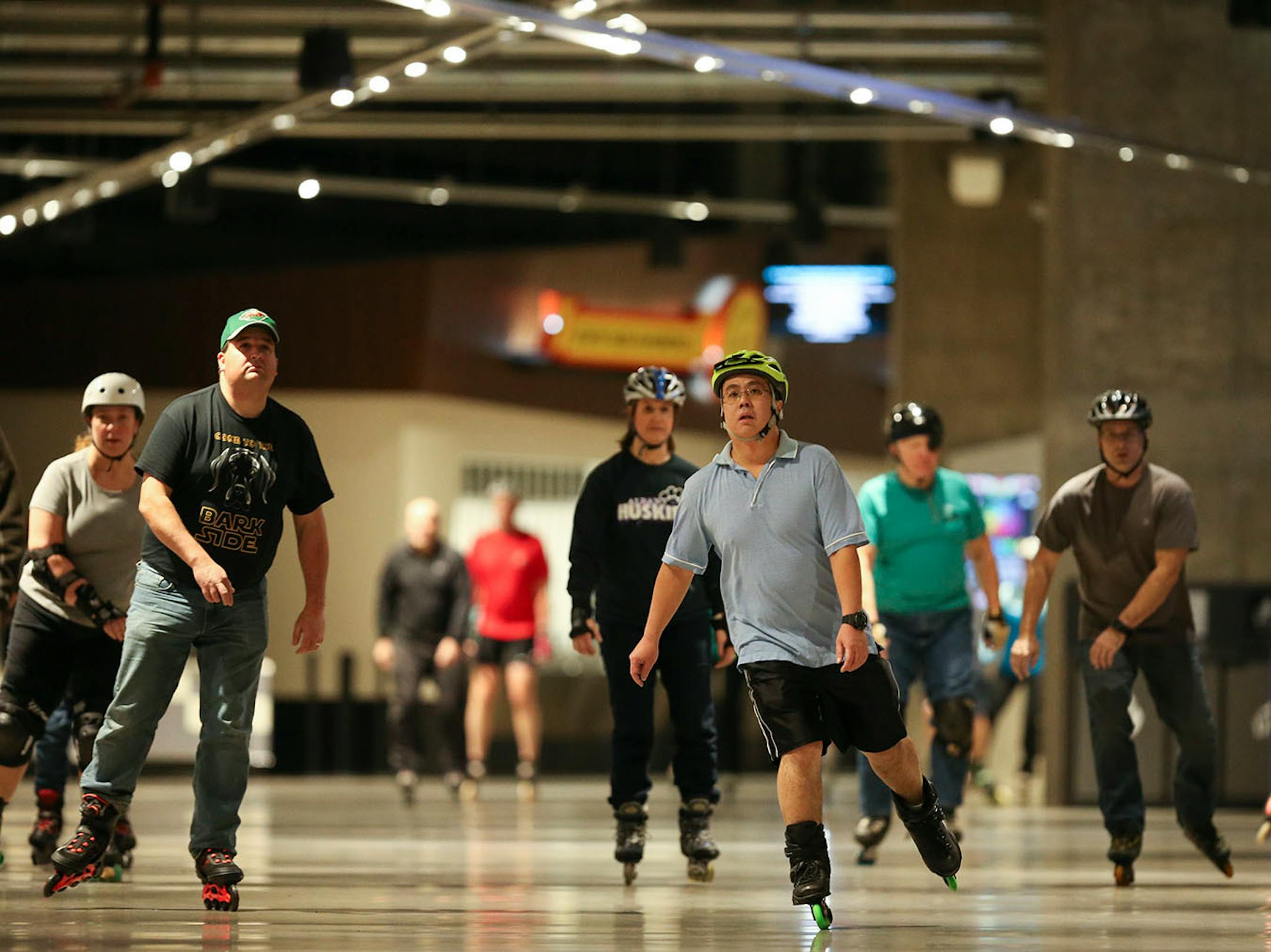 Skaters of all abilities rollered around the concourse of U.S. Bank Stadium Tuesday night. ] JEFF WHEELER ï jeff.wheeler@startribune.com Inline skating has begun in the concourse of U.S. Bank Stadium with more dates added through March 2017 due to popular demand. Hundreds of people skated during the family period from 5- 7 p.m. Tuesday night, December 27, 2016.