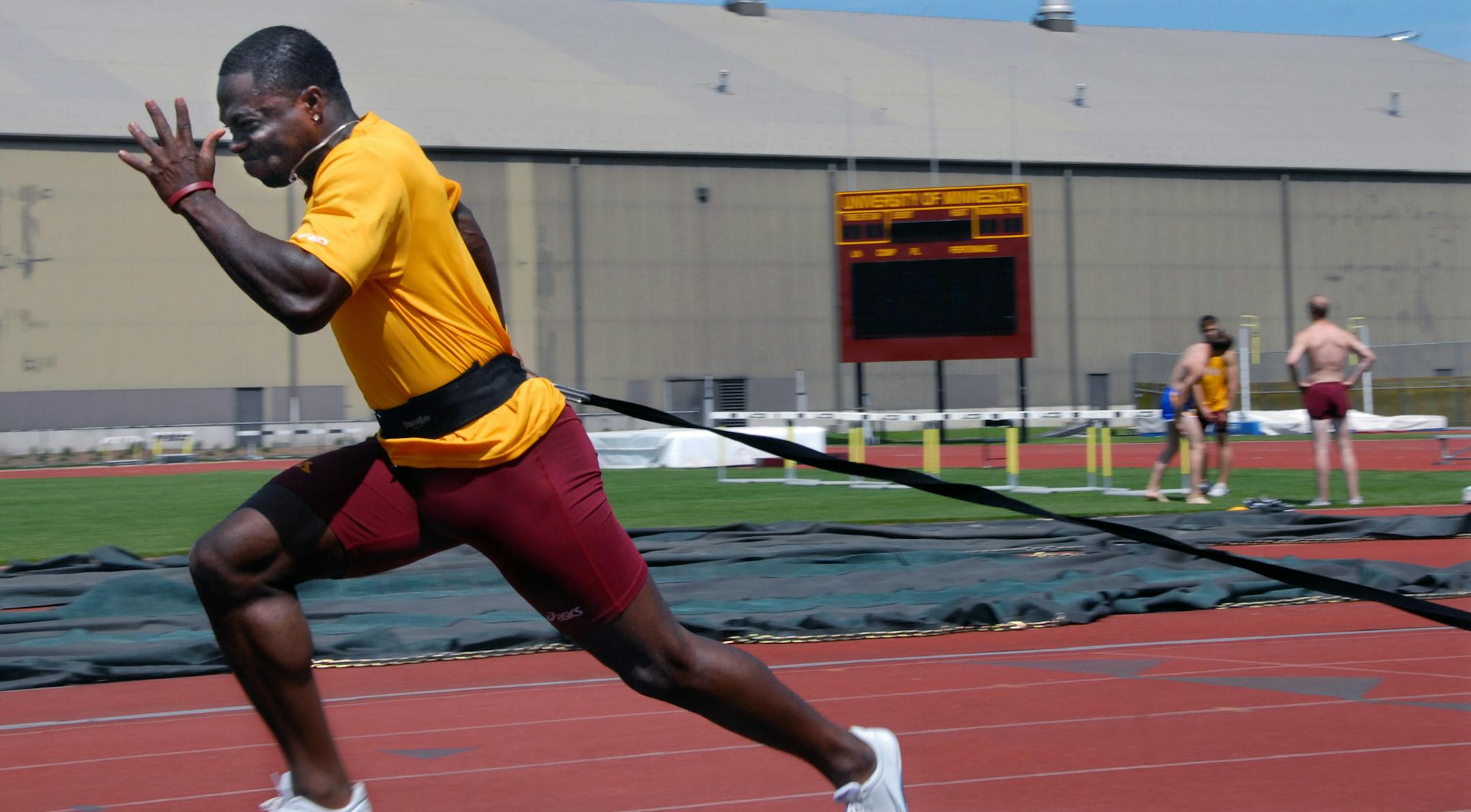 Gophers sprinter Ibrahim Kabia pulled a 15-pound sled as he prepared for this weekend's NCAA Midwest Regional track championships, where he will run the 100 meters.