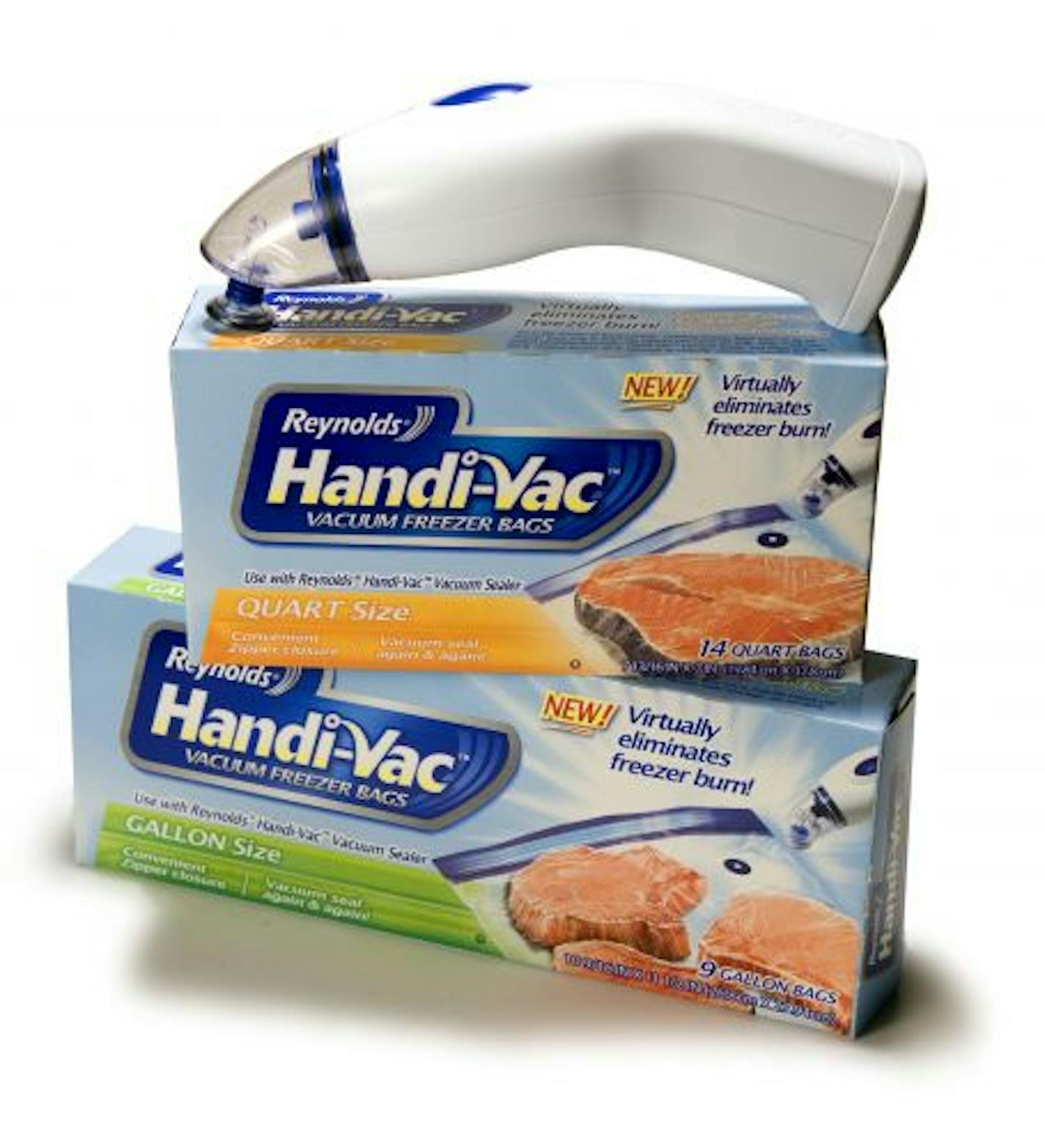 Reynolds' Handi-Vac handheld vacuum sealer removes air from specially designed freezer bags to preserve foods' texture and eliminate freezer burn. A starter kit, which includes three quart-size bags and the required six AA batteries, costs $9.50-$11; boxes of 14 quart-size or nine gallon-size bags are $3 to $3.50 at Wal-Mart and Target.