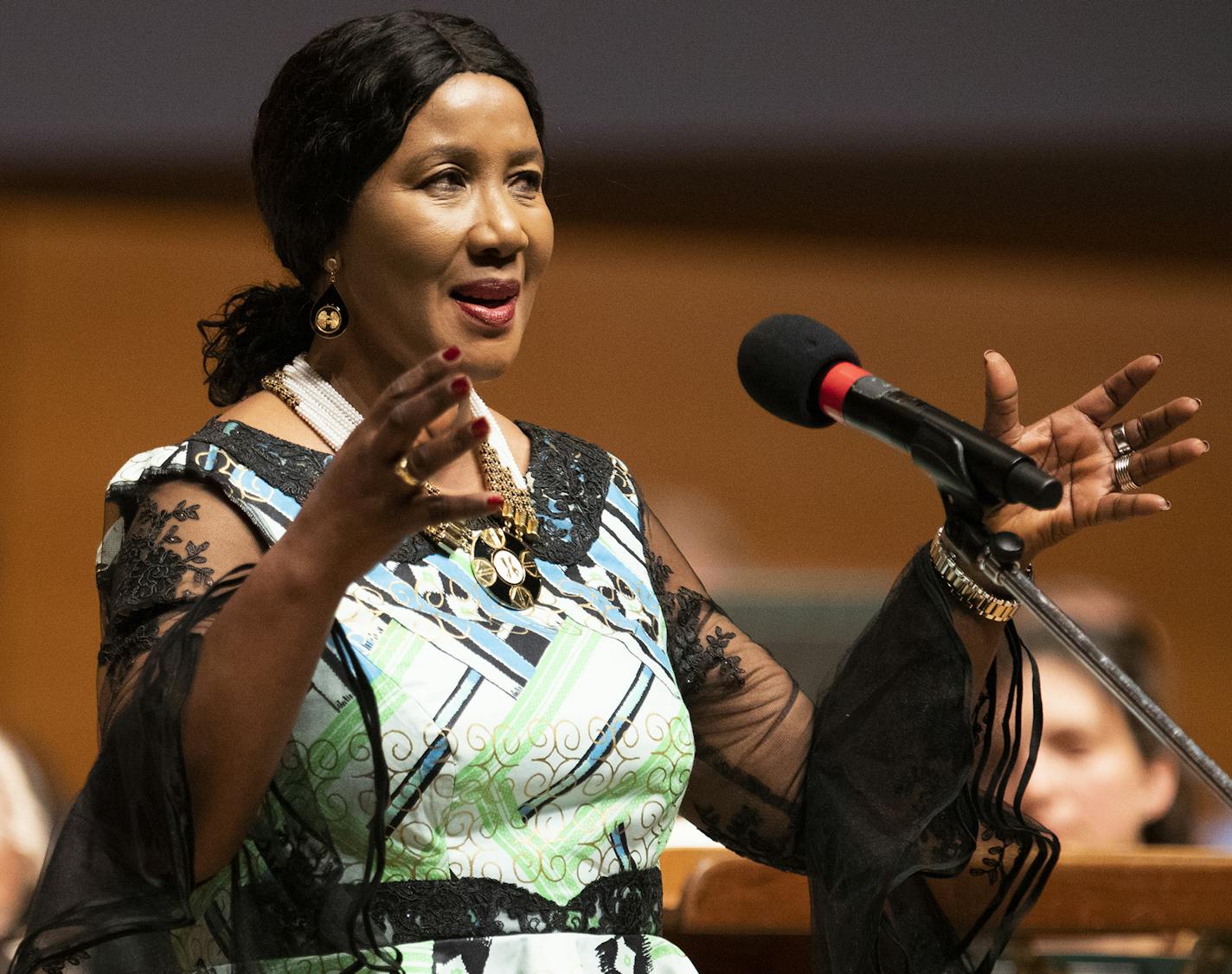 Makaziwe Mandela, the daughter of Nelson Mandela, speaks during the concert. ] LEILA NAVIDI &#xef; leila.navidi@startribune.com BACKGROUND INFORMATION: "Celebrating Mandela at 100" concert performed by the Minnesota Orchestra at Orchestra Hall in Minneapolis on Friday, July 20, 2018.