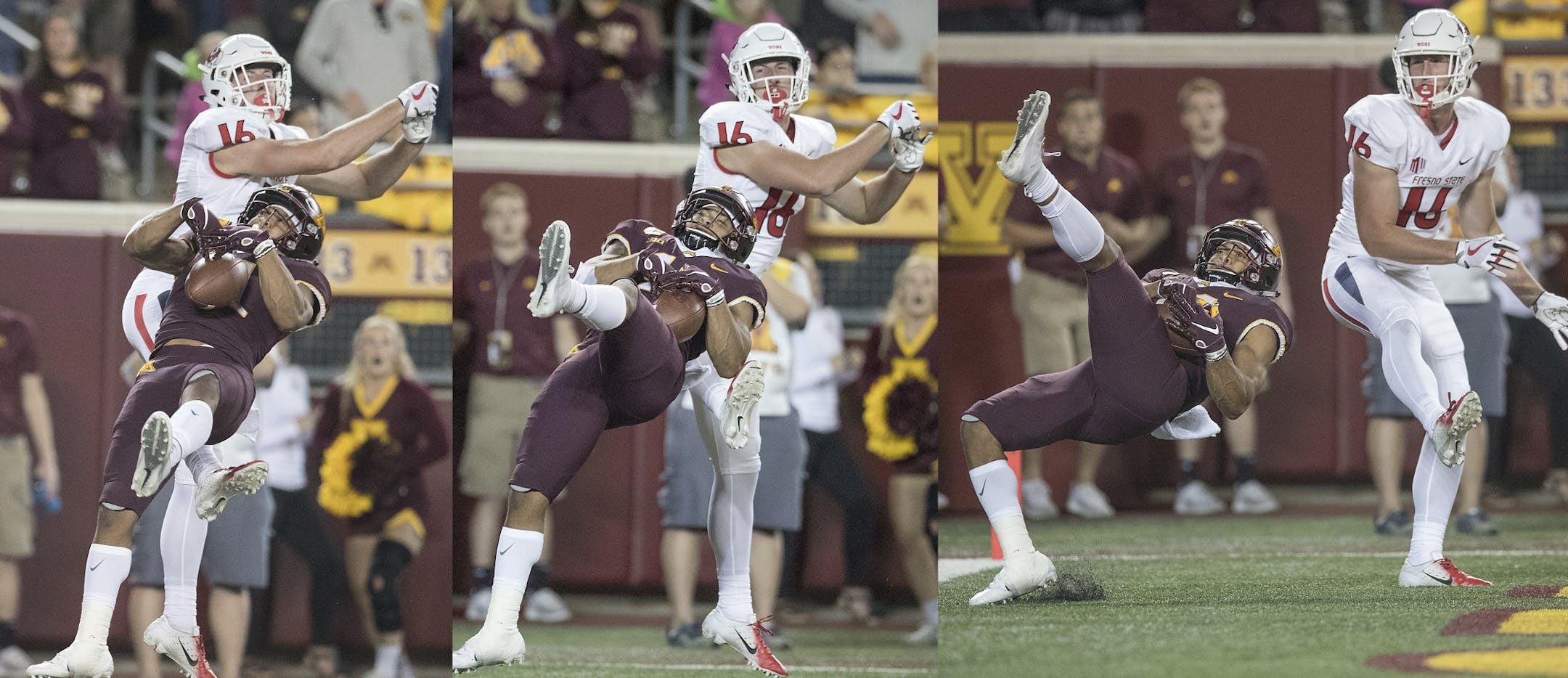 Minnesota defensive back Antoine Winfield Jr. intercepted the ball in the end zone from Fresno State's tight end Jared Rice