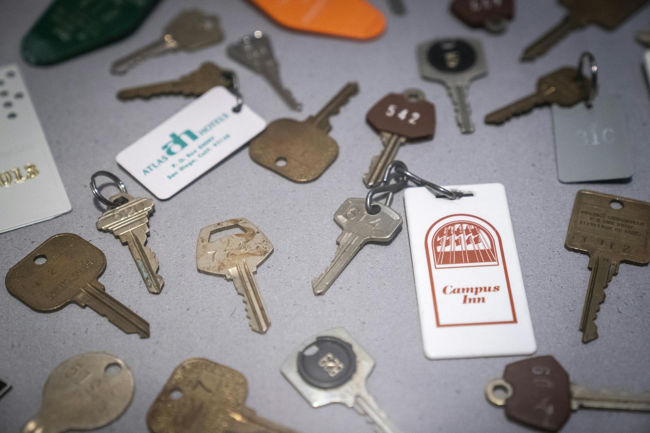 A collection of hotel keys acquired by Replacements drummer Chris Mars.