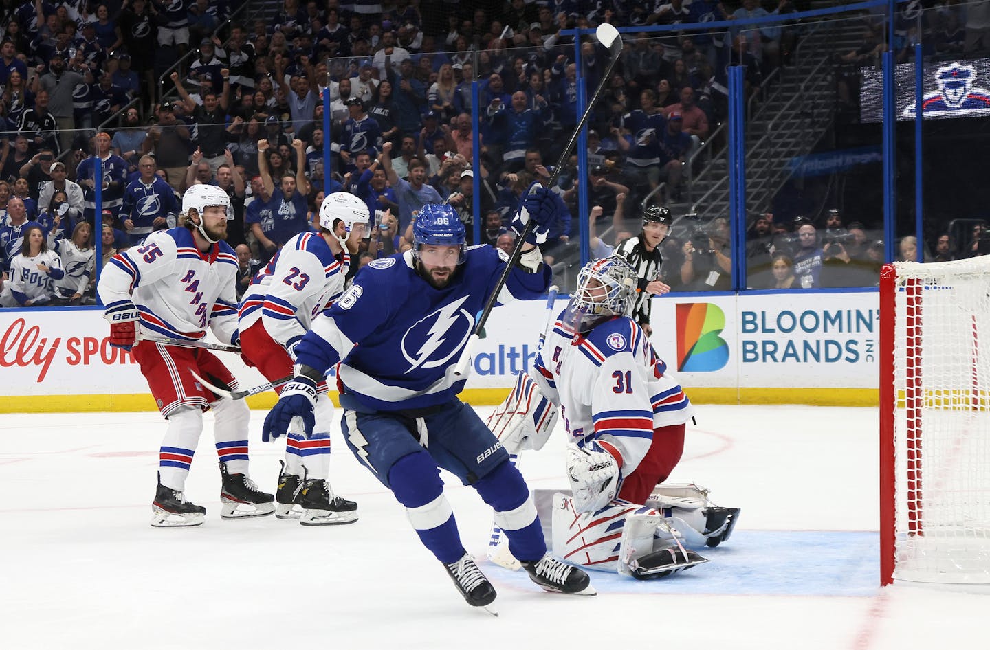 Nikita Kucherov (86) of the Tampa Bay Lightning celebrates after scoring a goal on Igor Shesterkin (31) of the New York Rangers during the second period in Game Four of the Eastern Conference Final of the 2022 Stanley Cup Playoffs at Amalie Arena on Tuesday, June 7, 2022 in Tampa, Florida. (Bruce Bennett/Getty Images/TNS) ORG XMIT: 49972110W