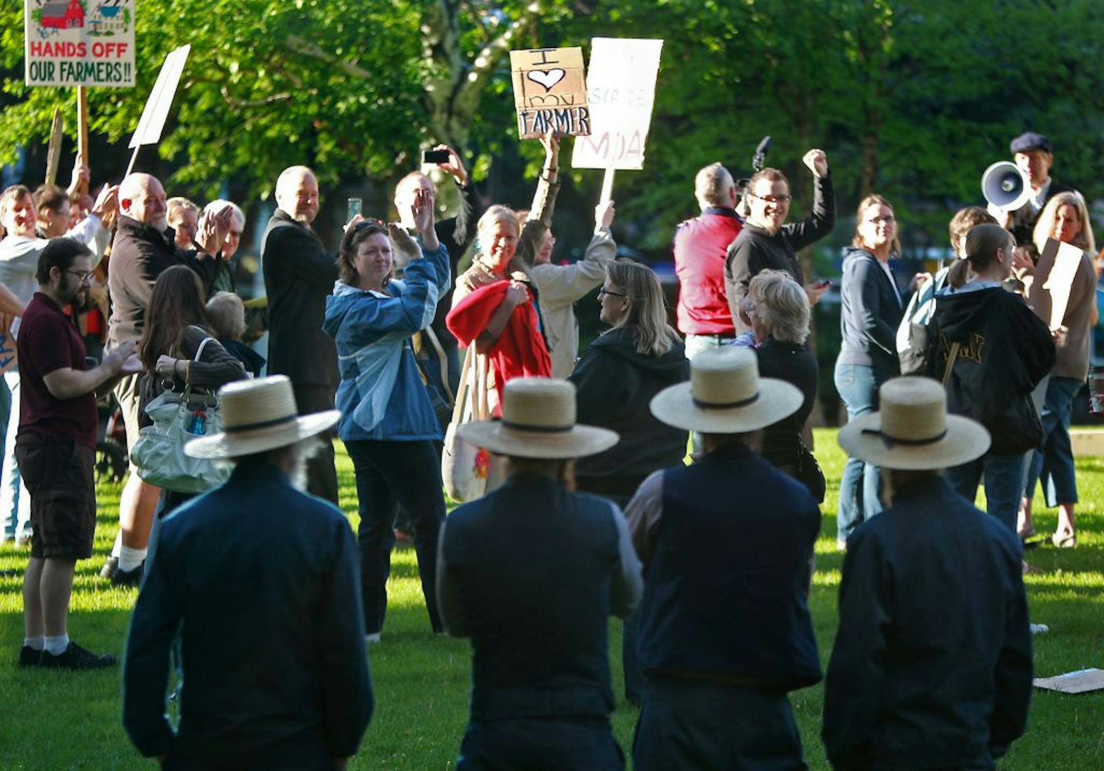 Supporters cheered a group of Amish farmers outside the Hennepin County Courthouse in downtown Minneapolis on Monday.