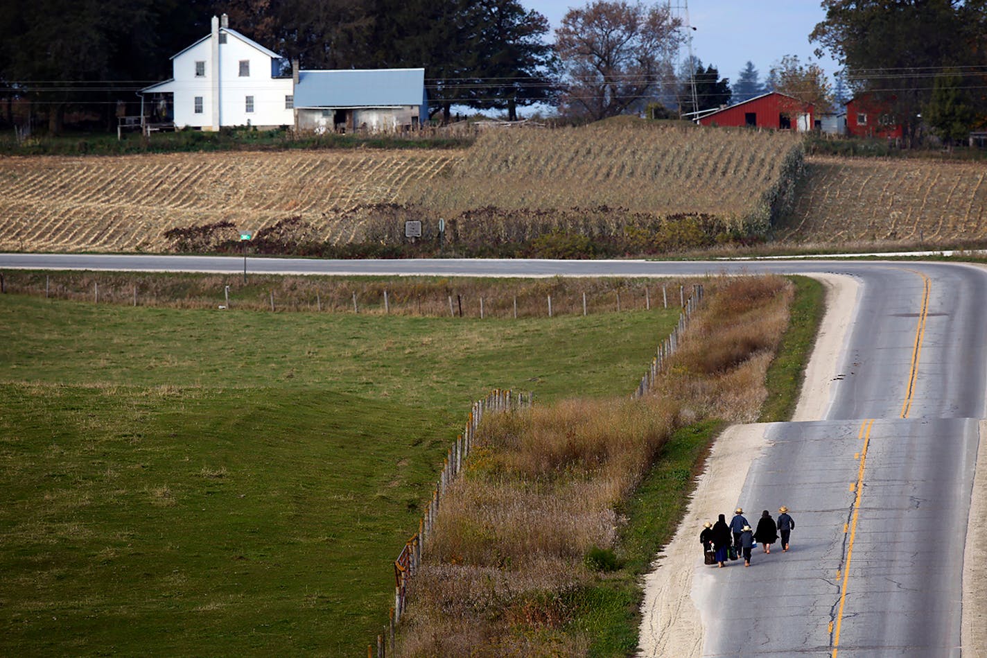 The Harmony area of Fillmore County is home to Minnesota's largest Amish settlement, with 7 church districts and approximately 1,000 people. Here, Amish children walk to school north of Harmony.