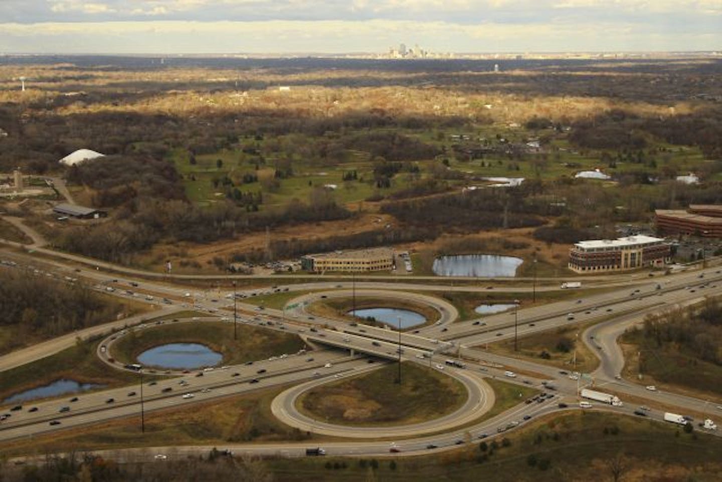 An aerial view looking northeast of the Interstate 494 and Hwy. 169 interchange in the west metro.