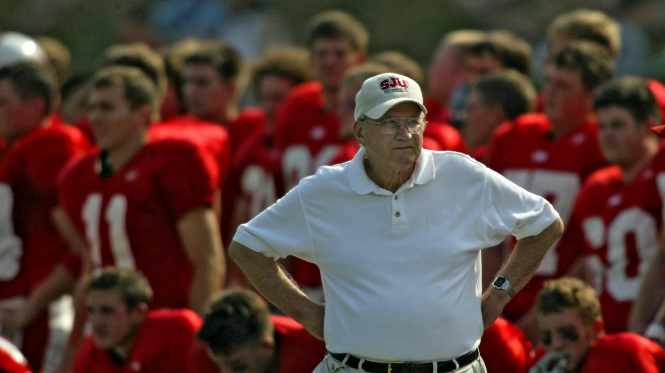 Jim Gehrz/Minneapolis Star Tribune Collegeville/September 4, 2004 St. John's University's head coach John Gagliardi watches his team struggle in the first half against Wisconsin Eau Claire in NCAA Division III college football action at Clemens Stadium on the St. John's University campus Saturday, September 4, 2004. Eau Claire won 30-28. Gagliardi is in his 56th year of coaching, 52 of them with St. John's.