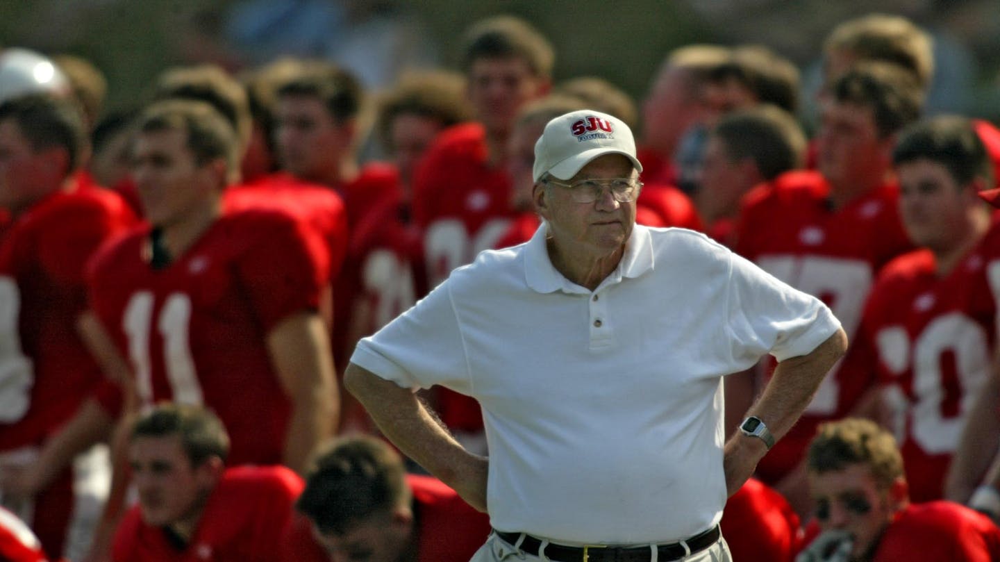 Jim Gehrz/Minneapolis Star Tribune Collegeville/September 4, 2004 St. John's University's head coach John Gagliardi watches his team struggle in the first half against Wisconsin Eau Claire in NCAA Division III college football action at Clemens Stadium on the St. John's University campus Saturday, September 4, 2004. Eau Claire won 30-28. Gagliardi is in his 56th year of coaching, 52 of them with St. John's.