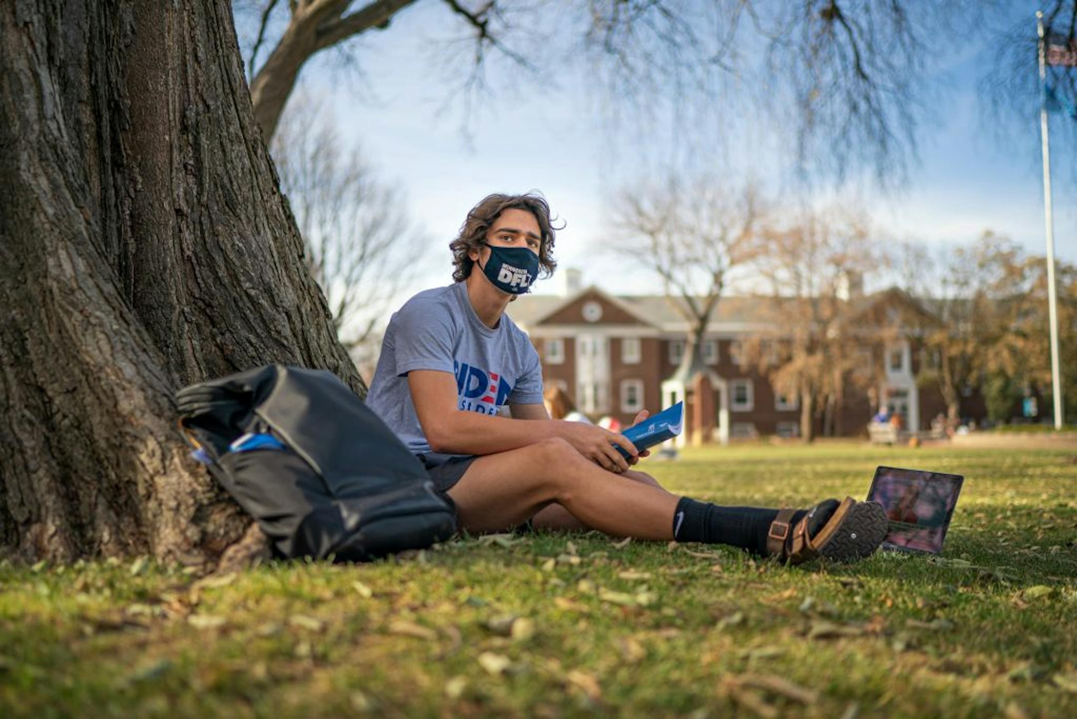 Sami Banat kept CNN's election results running on his laptop while he studied under a tree at Macalester College, where is is a first year student. He is the Minnesota state coordinator for Rock the Vote and a huge Biden supporter.